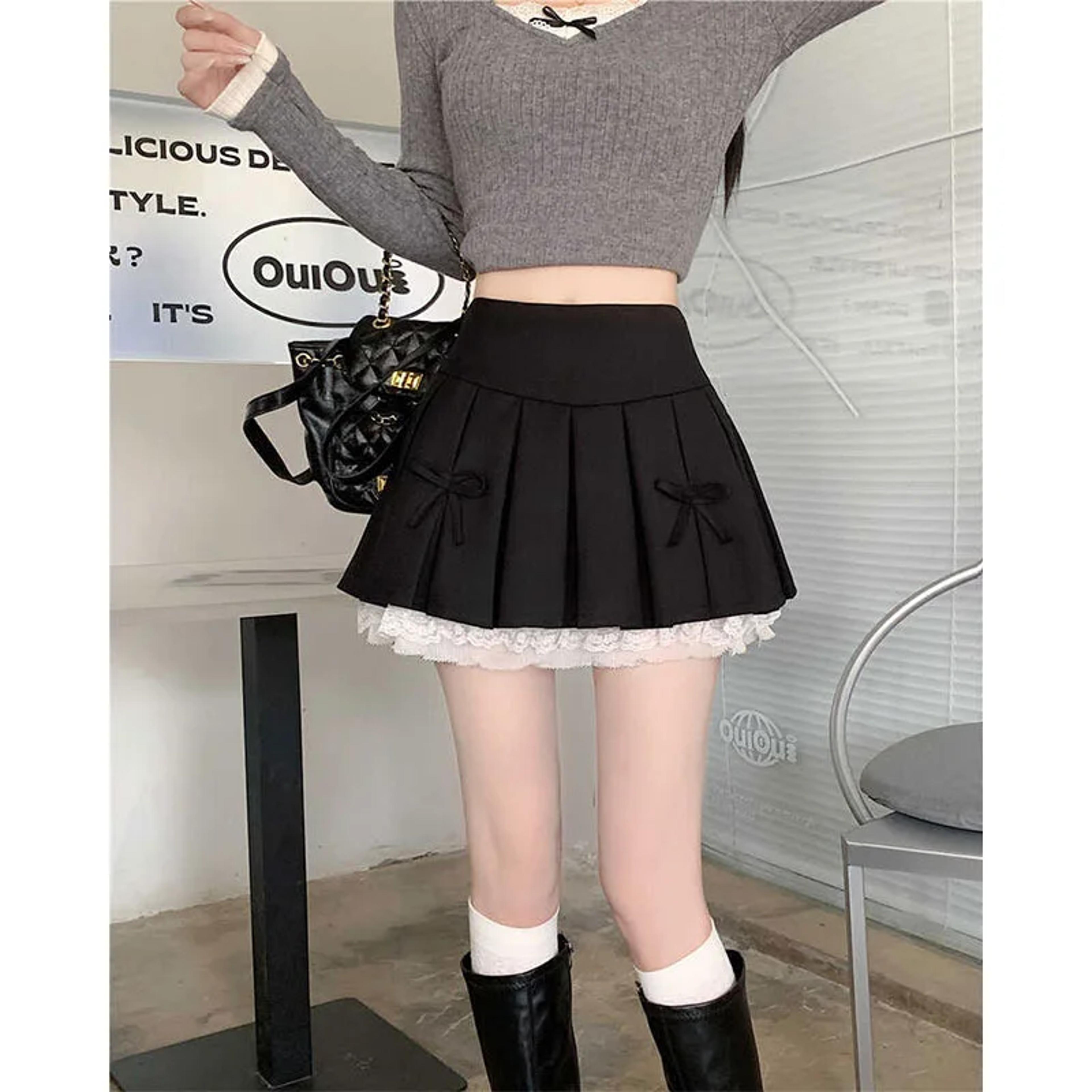 pure desire aesthetic skirt for women, high waisted, a line short spring skirt, with lace bow trim and pleats
