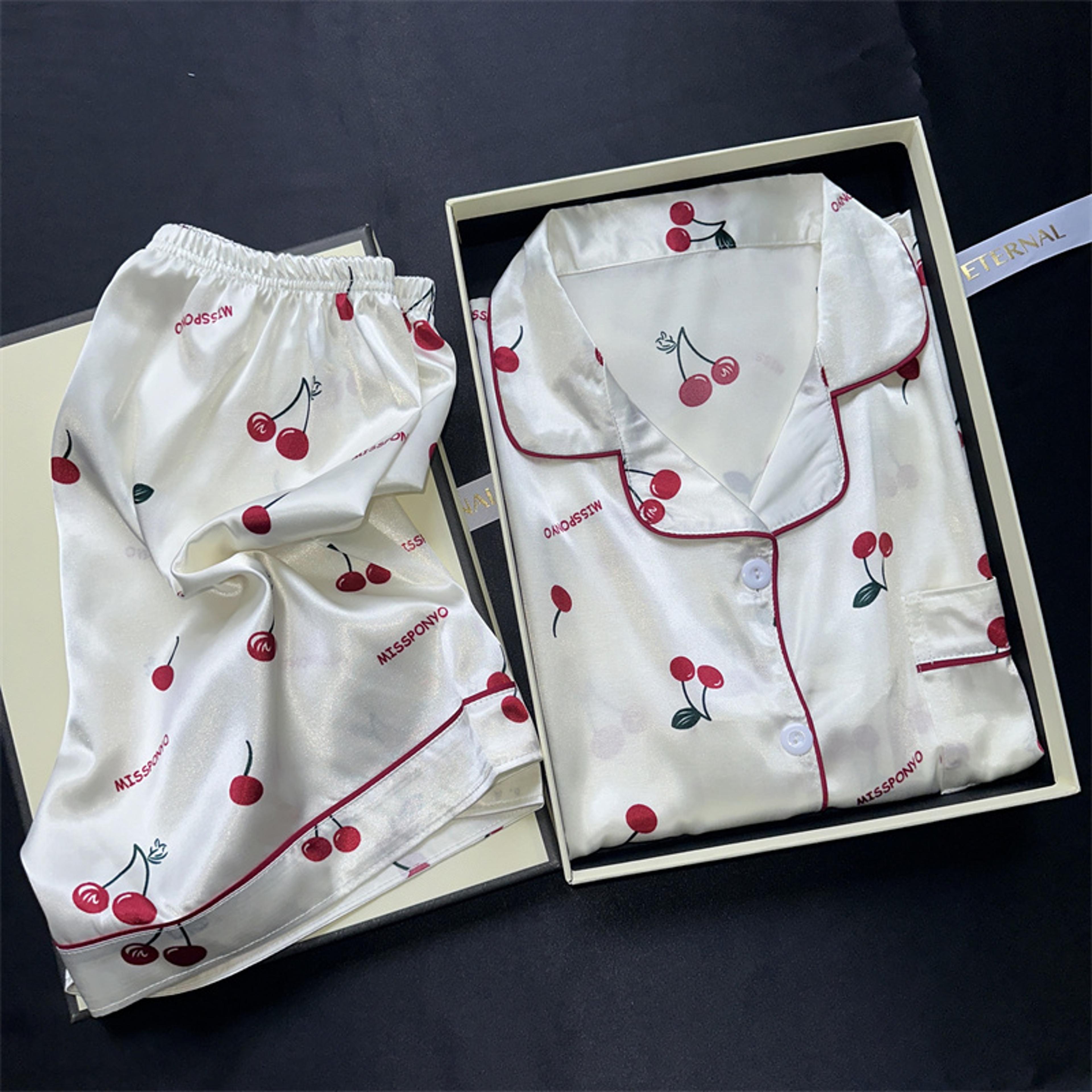 ladies summer pajama set, cute cherries print two piece, casual shorts and top, home clothes