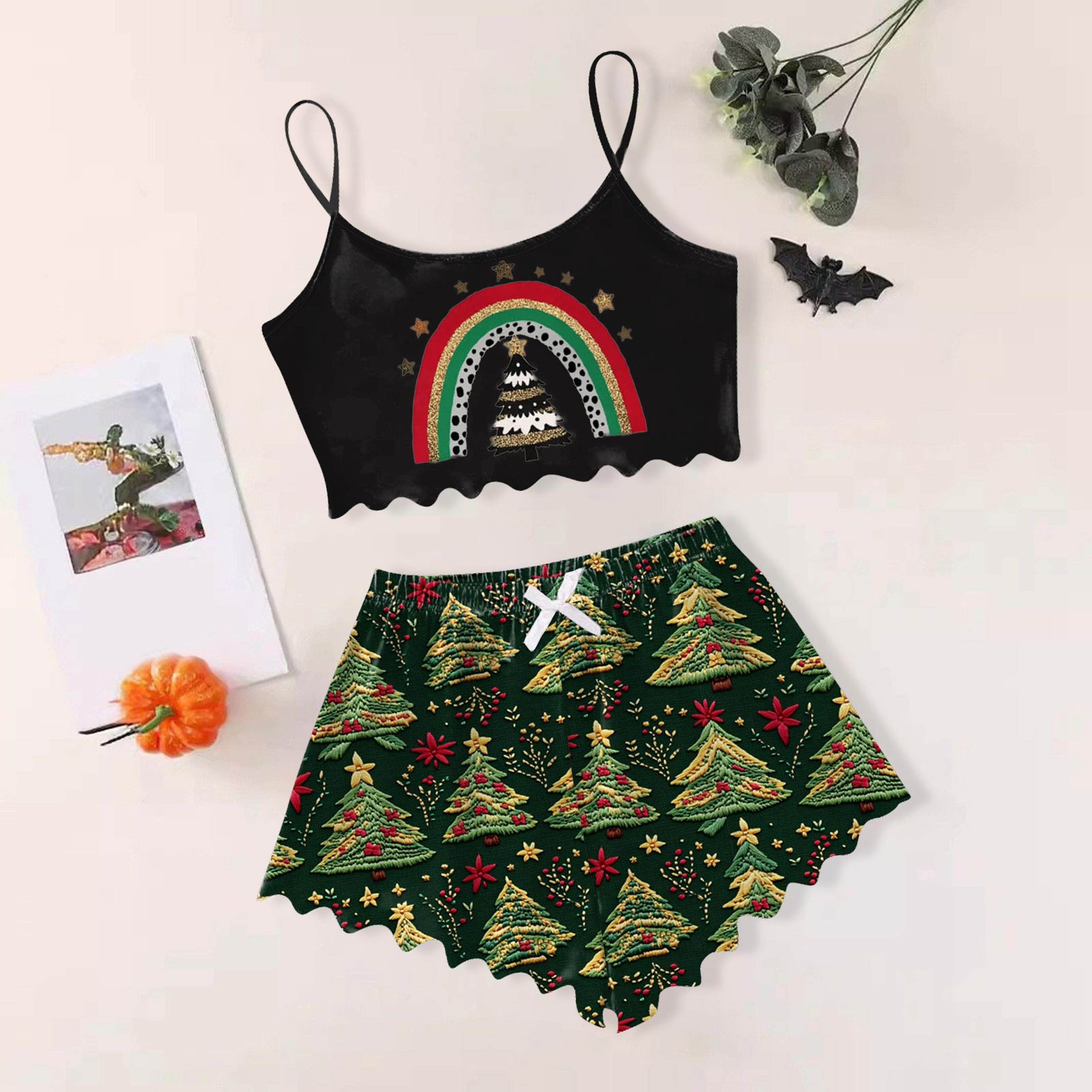 women's sexy christmas pajama set, sleeveless shorts sleepwear, slim fit lingerie for holiday, daily home wear