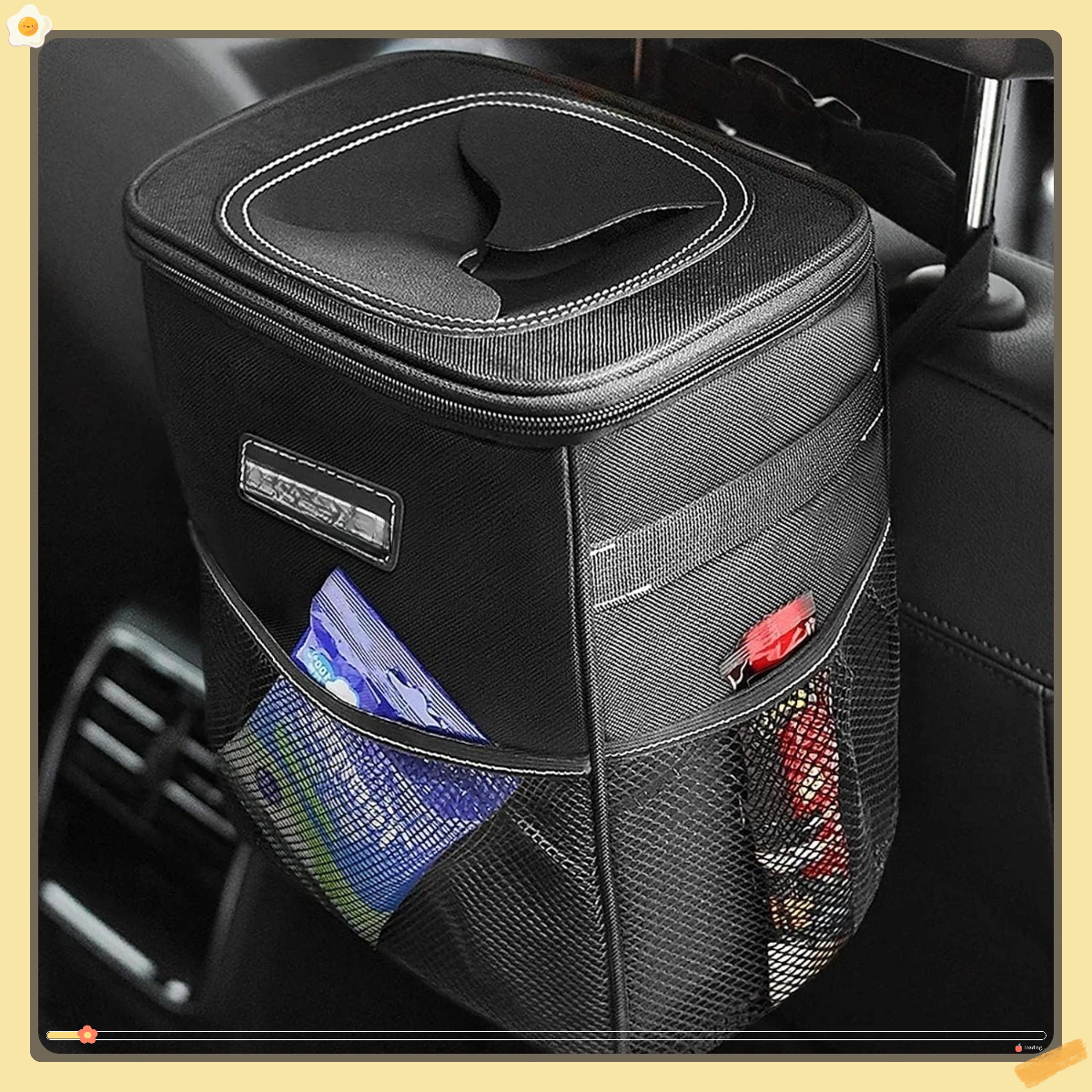 car trash can with lid, leak proof, 2 gallon capacity, storage pockets organizer, black