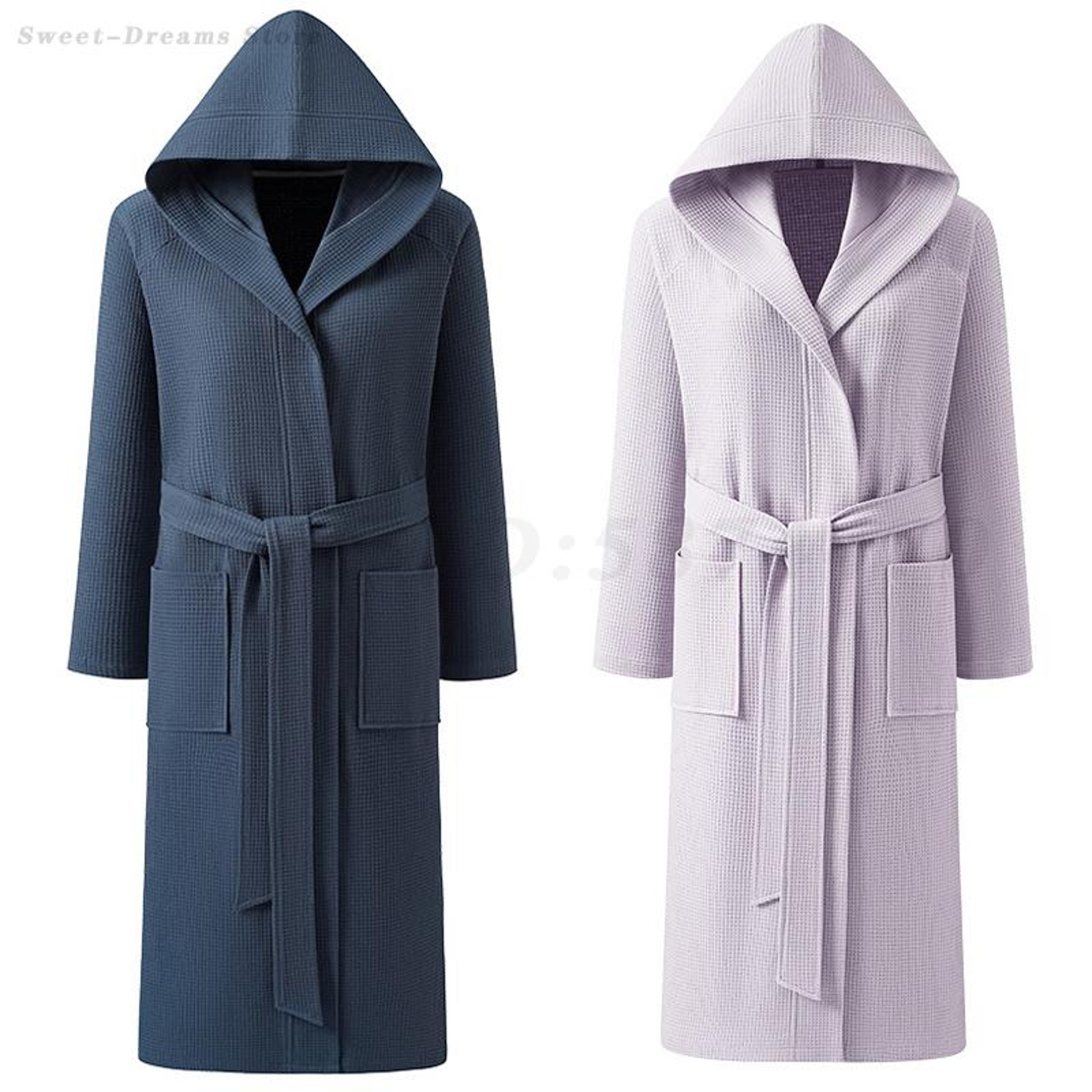 cotton waffle kimono robe, long sleeve hooded bathrobe, couples sleepwear and home loungewear for spring and autumn