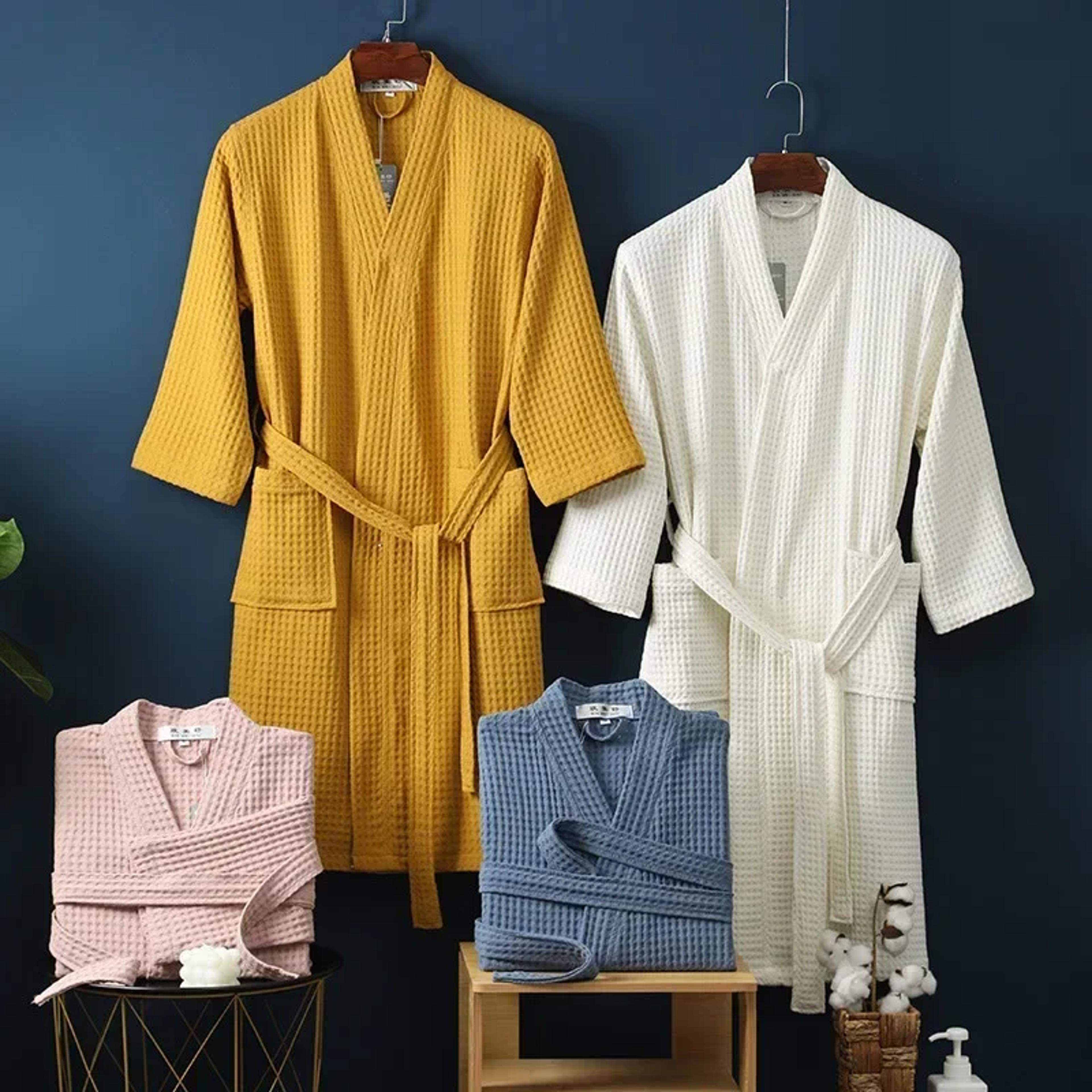 lightweight waffle bathrobe, cotton terry robe for women and men, spring summer spa robe, long sleeve hotel style bath
