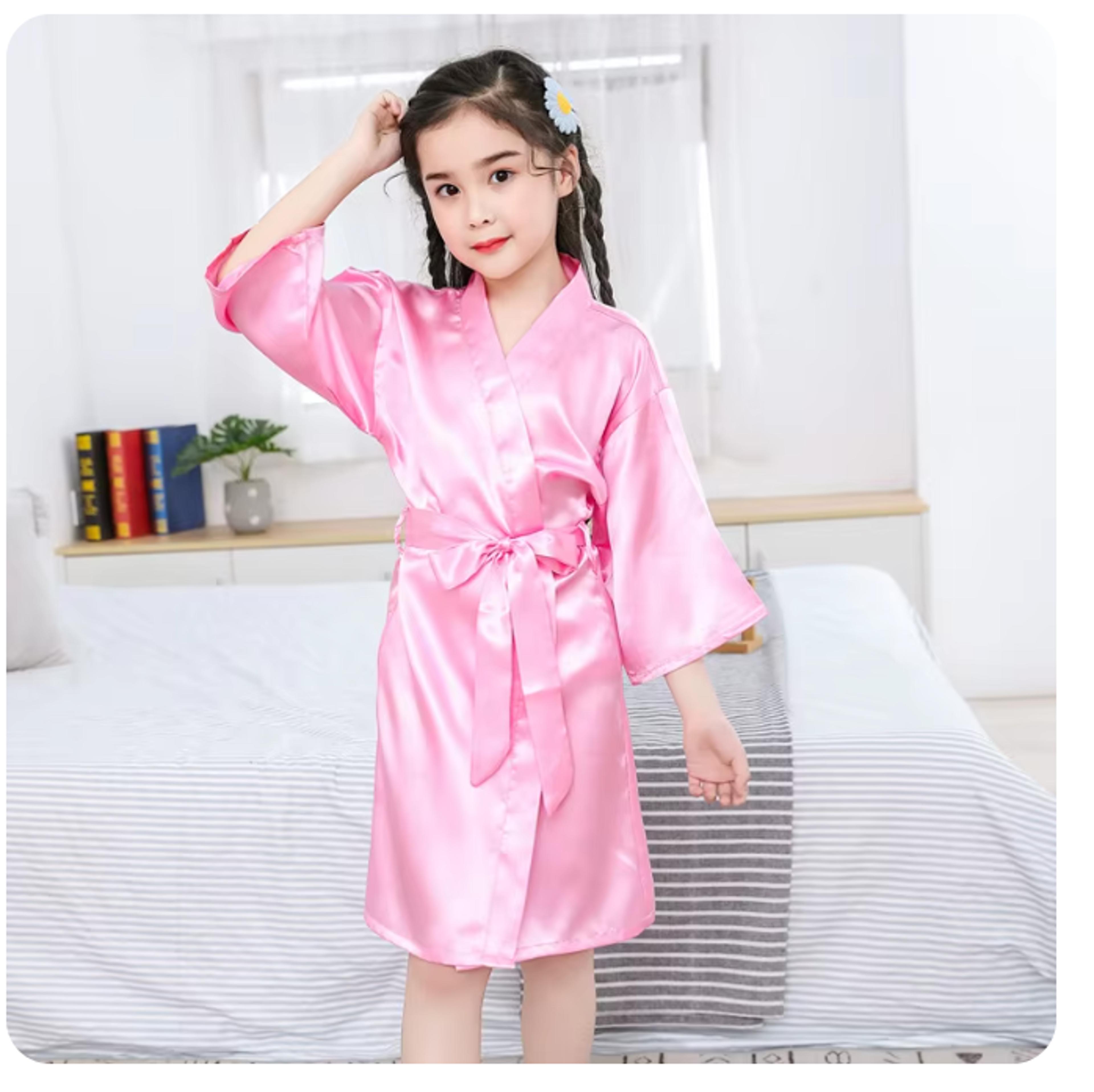 girls satin kimono robe, pink bathrobes for girls nightwear, kids sleepwear for summer, wedding and spa party dress