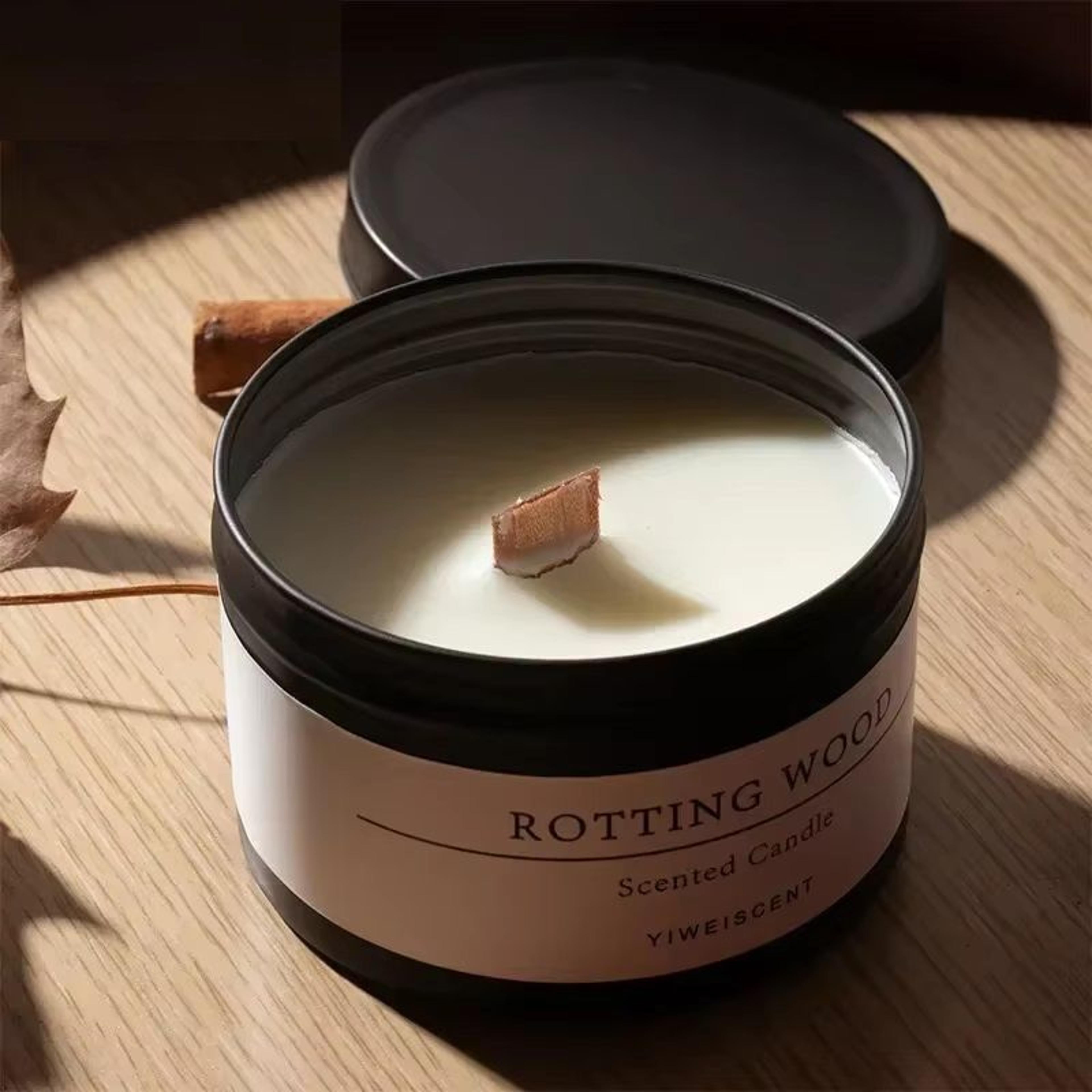 classic home decorative candles, black tin can with lid, scented aromatic candles with wooden wick and dried flower