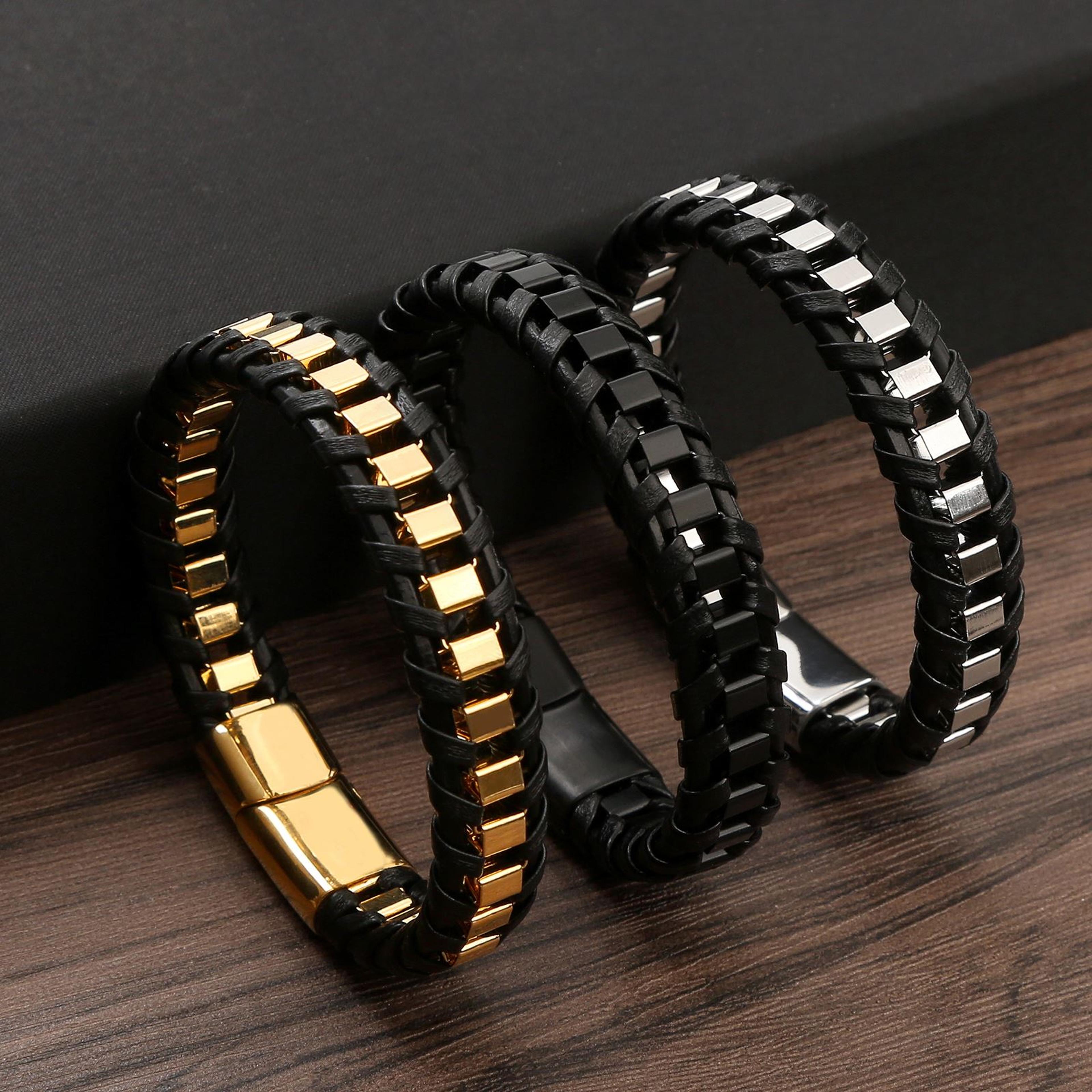 charming classic hand woven leather bracelets for men, gold black stainless steel jewelry, punk hip-hop bracelet gift