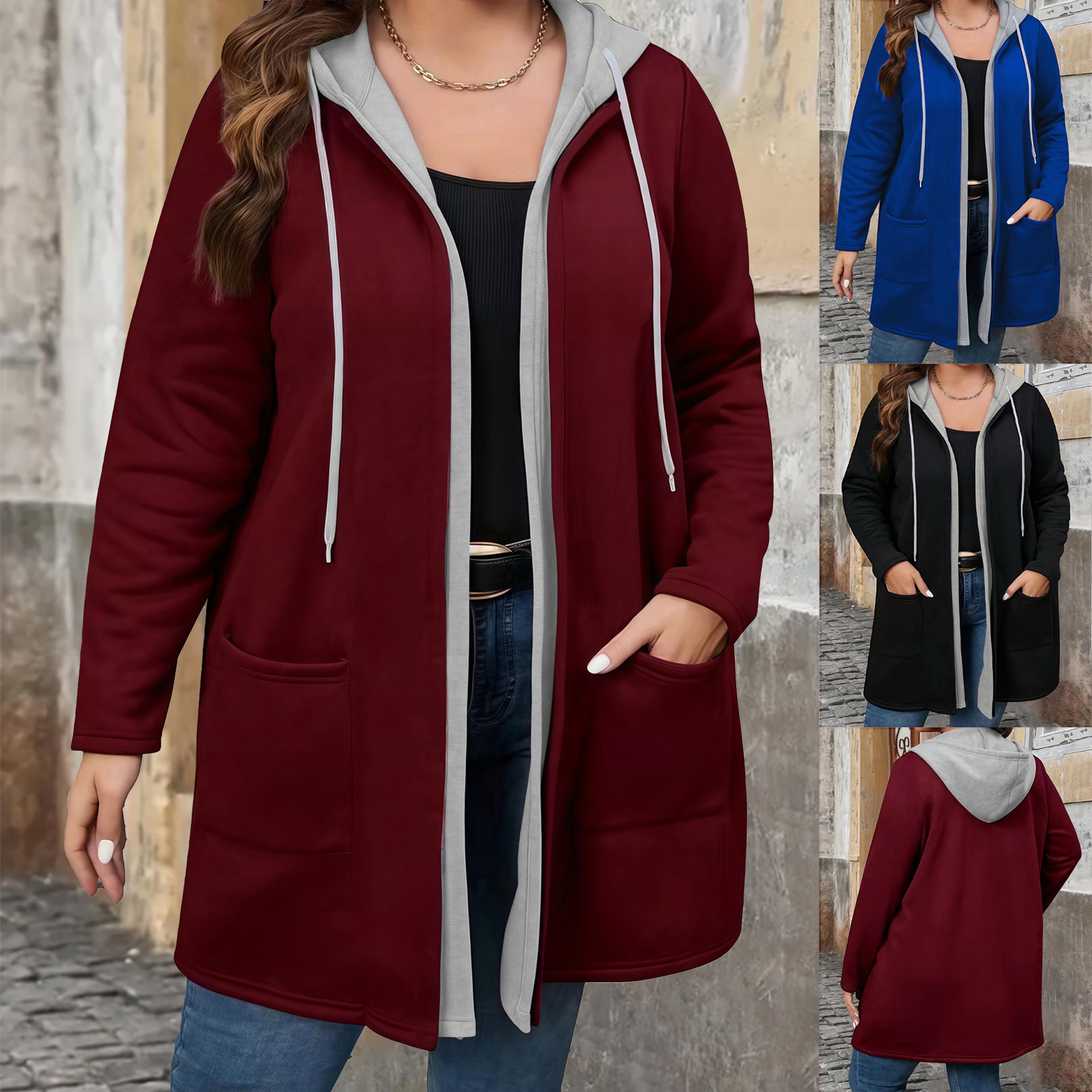 plus size women's coat, elegant solid color two-tone hooded cardigan with pockets and drawstring for autumn winter