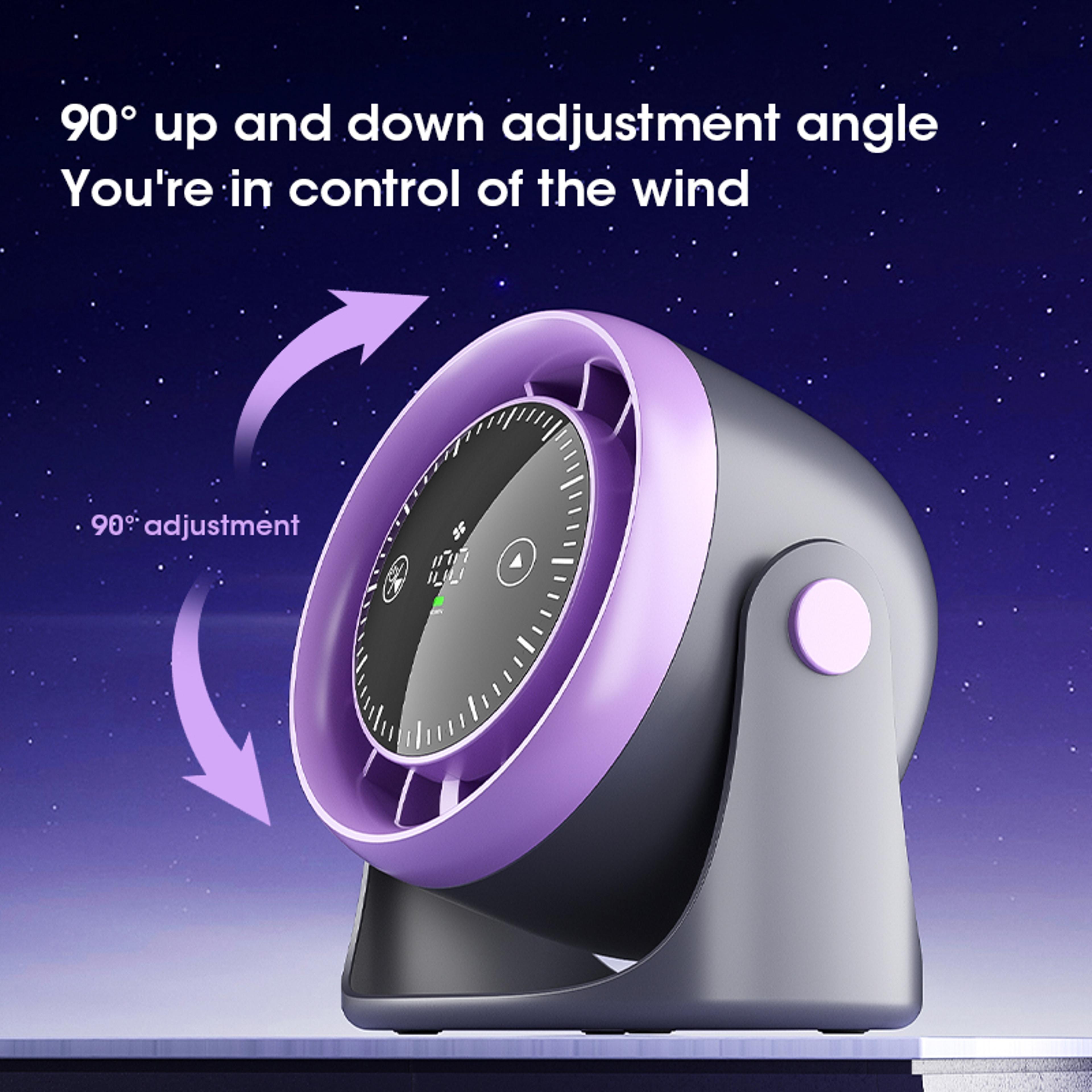 portable mini fan with speed adjustable touch screen, quiet cooling, strong wind, digital display, air circulation.