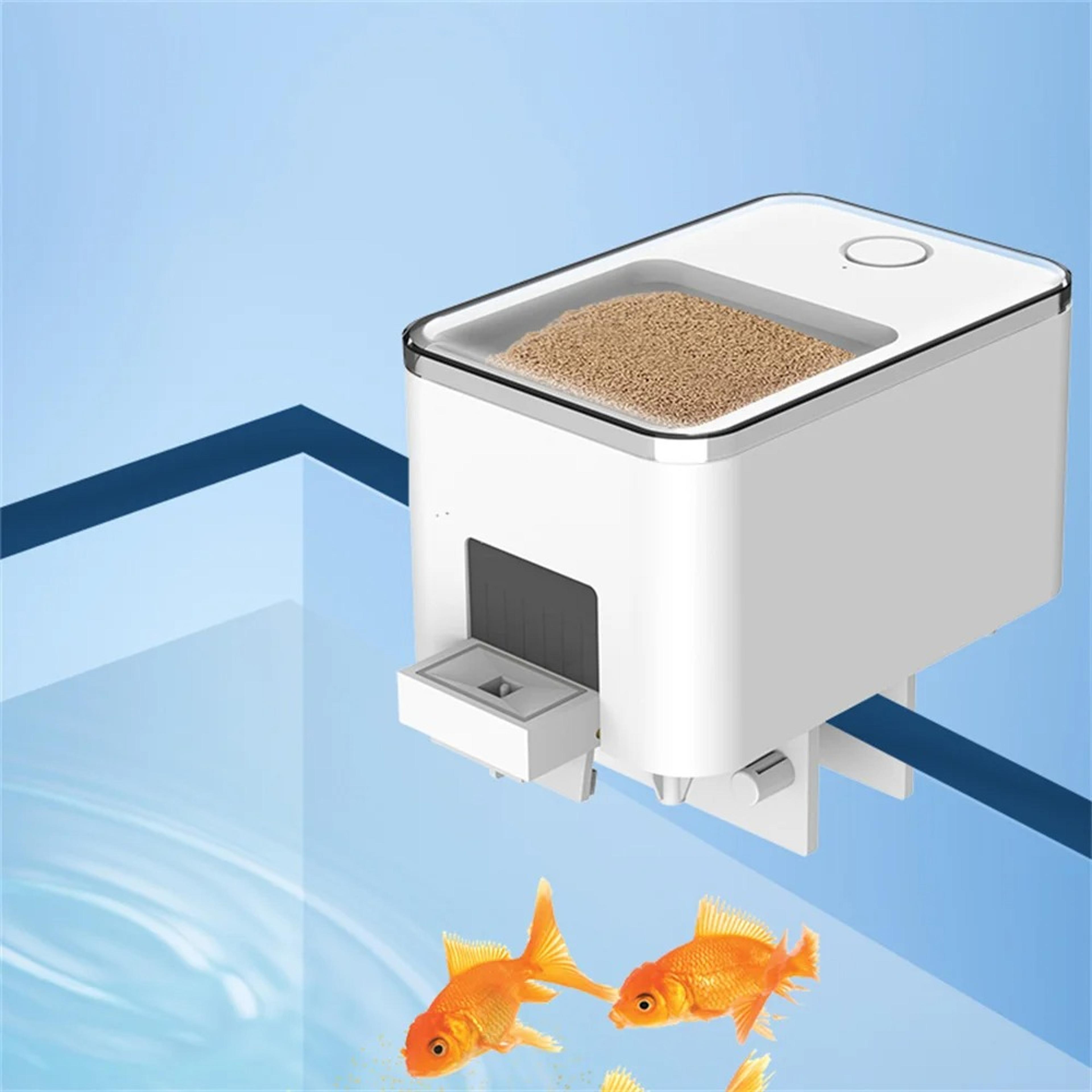automatic fish feeder controlled wireless timer food dispenser with mobile remote for aquarium vacation.