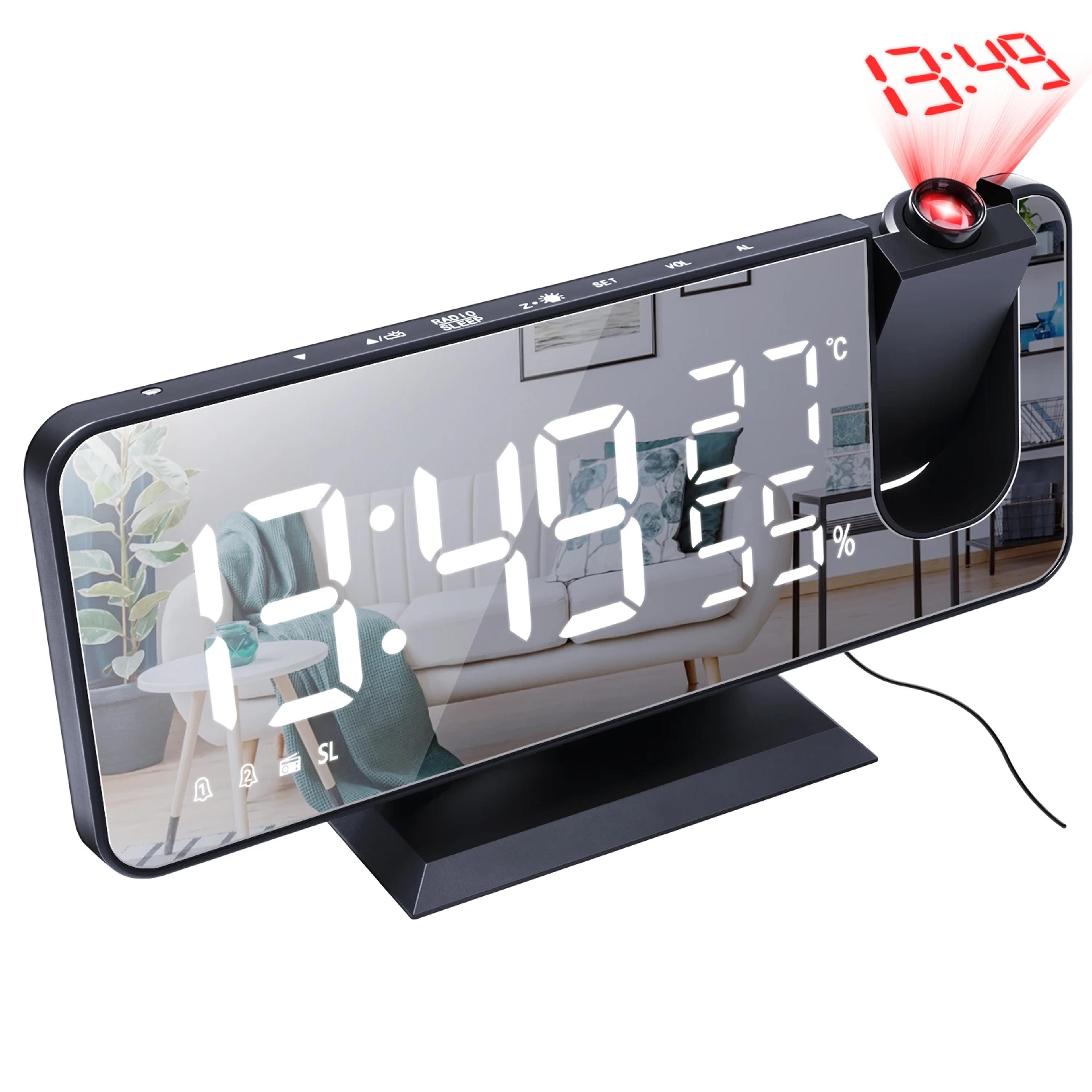 electronic desktop led alarm clock with usb wake up, fm radio, time projector, snooze, and dual alarms for table use