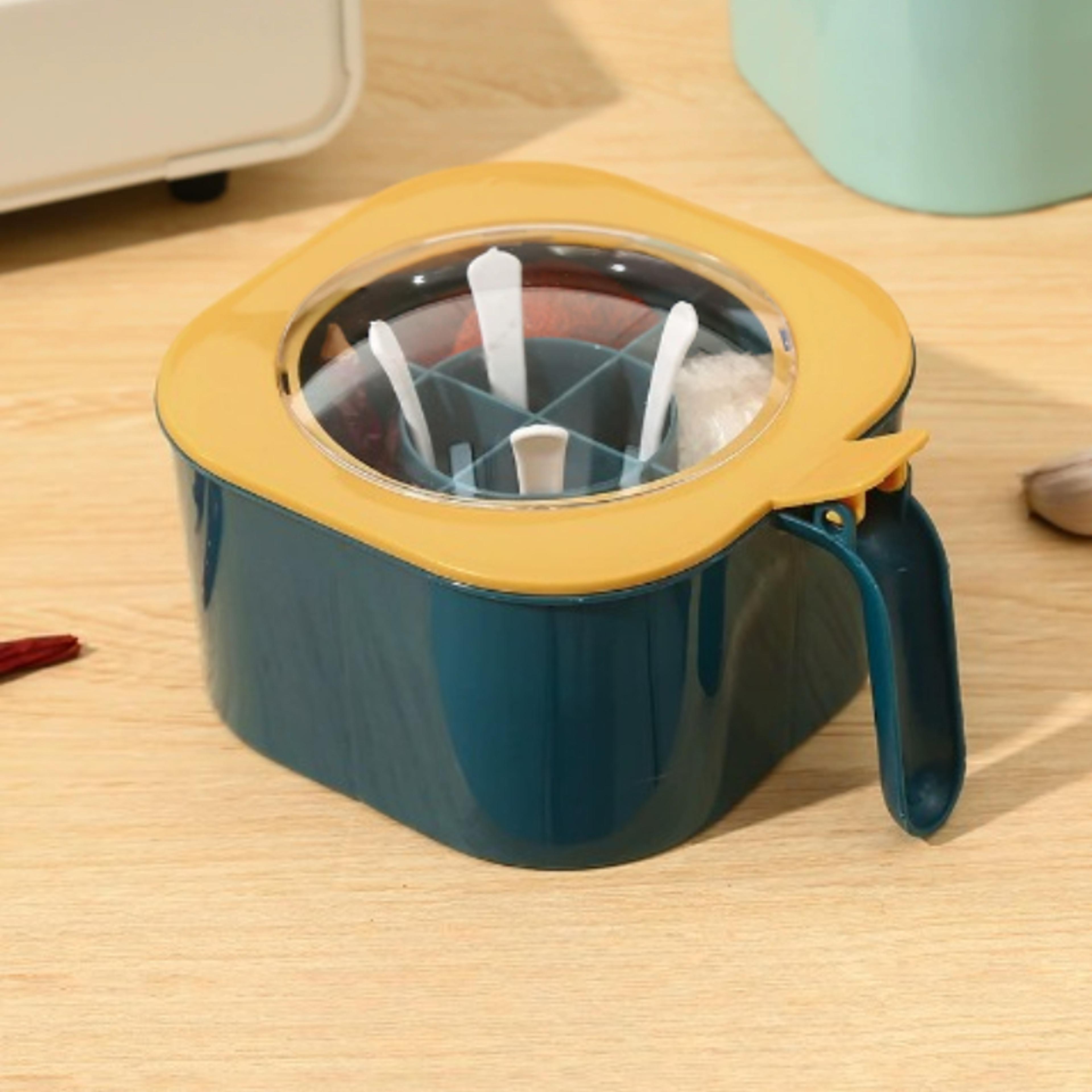 large capacity salt container box with lid, includes four spoons for kitchen seasoning
