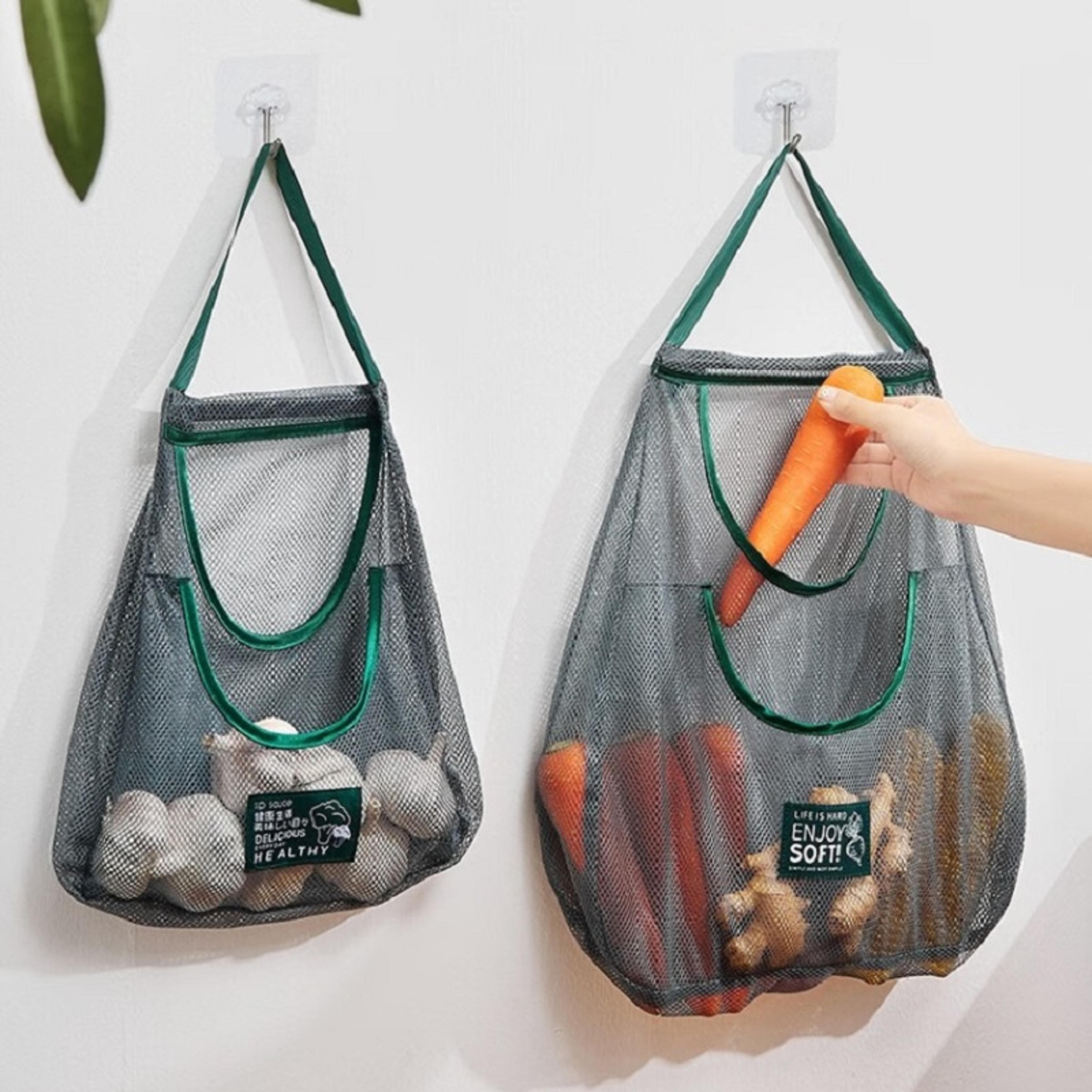 reusable hanging mesh storage bags for fruits vegetables garlic and onions kitchen organizer
