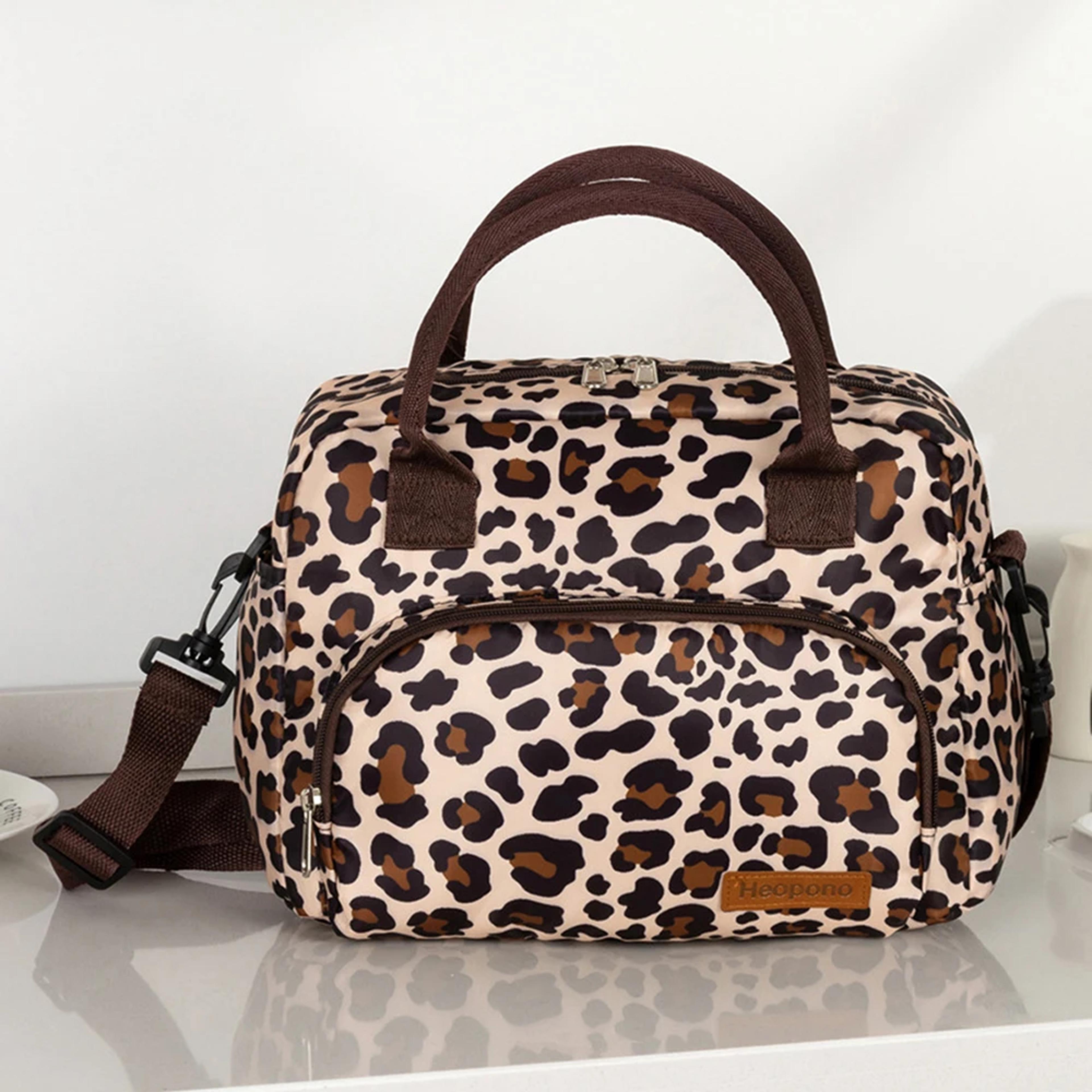 leopard print insulated food storage bag portable crossbody ice pack for picnic & travel