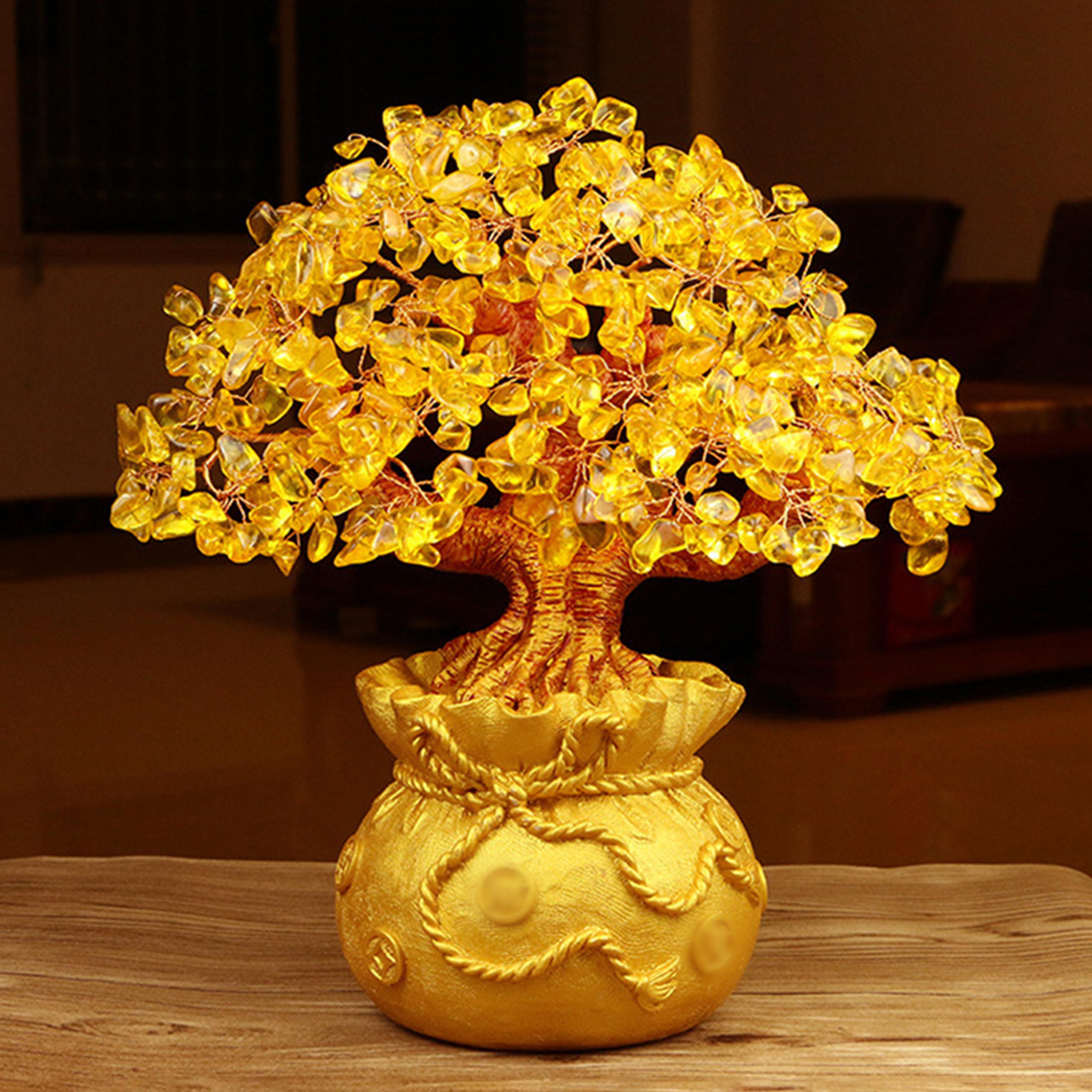 golden crystal wealth tree ornament, money bag desktop tree craft gift