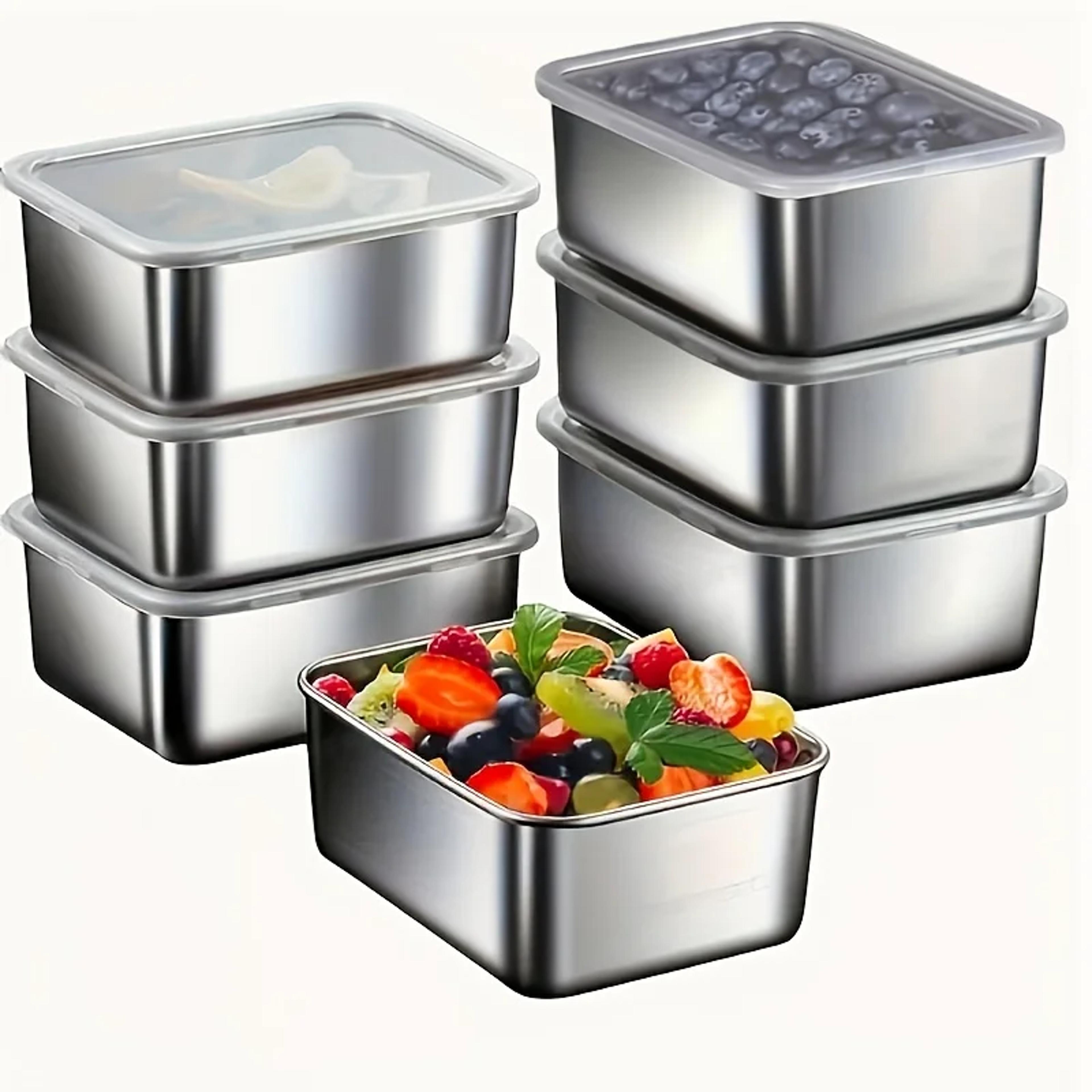 stainless steel food storage containers set leakproof, stackable flip-top lids for camping, office, kitchen.