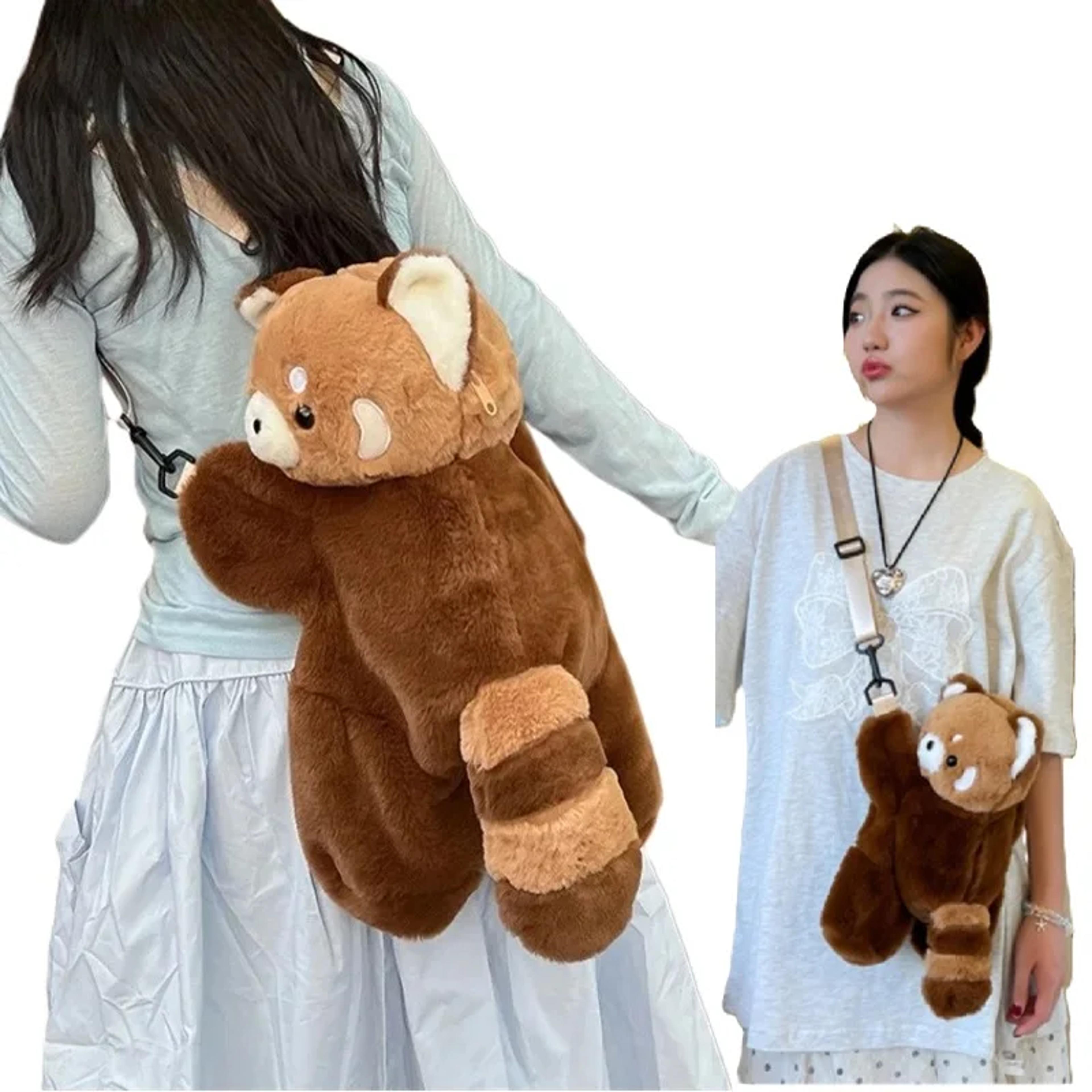 red panda plush backpack – cute plushie doll crossbody fur soft shoulder bag for women, ideal for travel, camping.