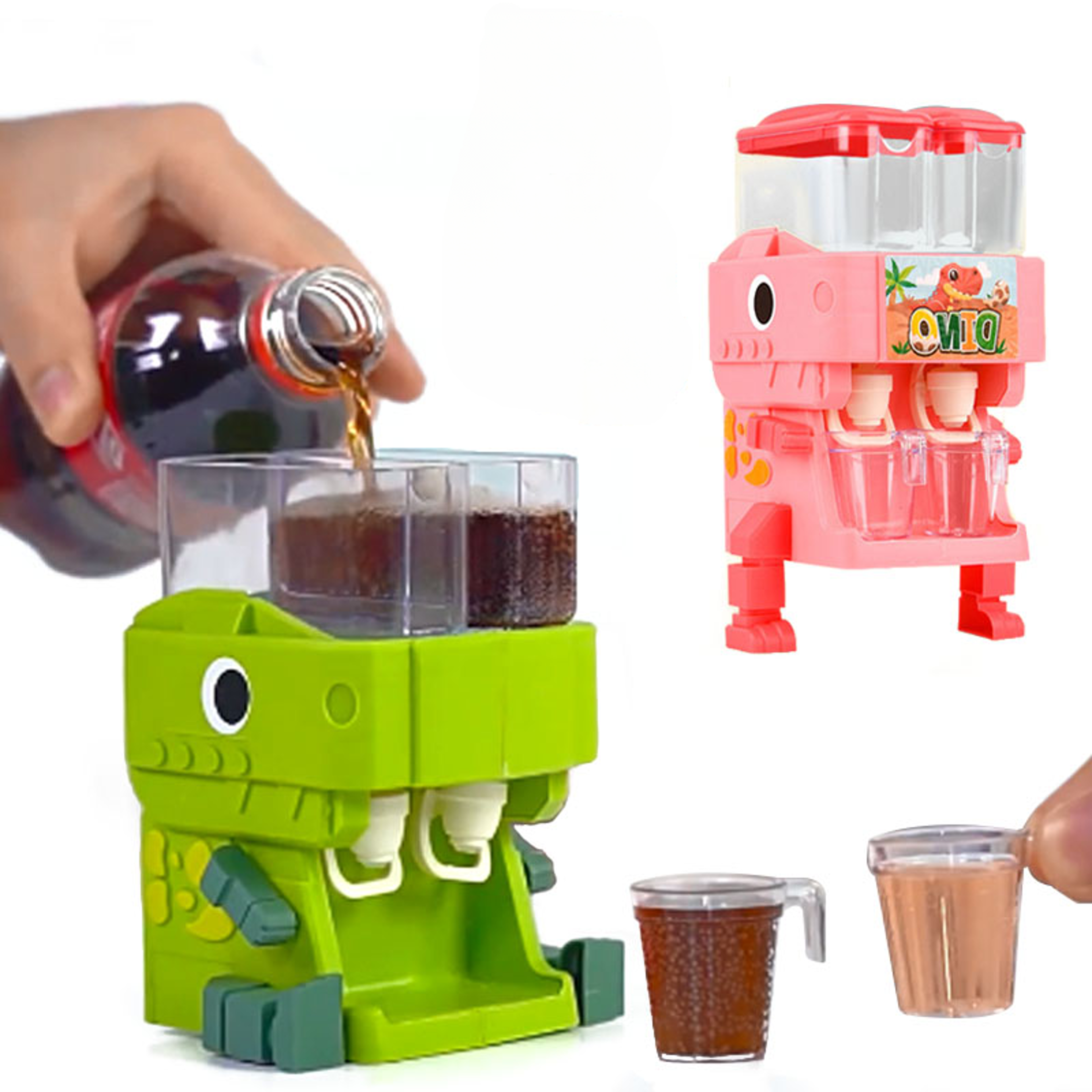 children's dinosaur dual water dispenser toy – cute pink & blue, cold/warm water juice drinking fountain.