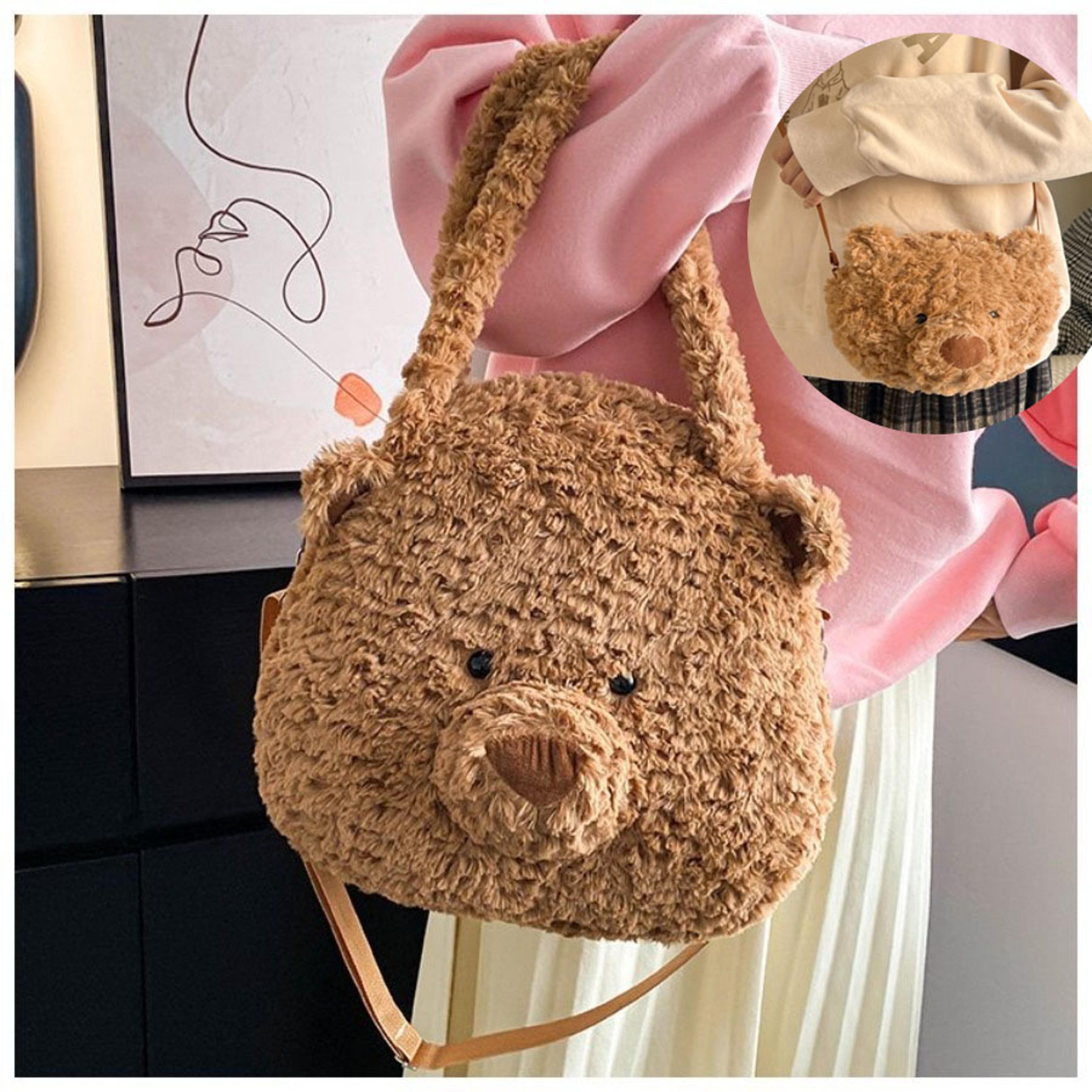 cute bear plush backpack fluffy plushie toy shoulder bag, cartoon crossbody messenger doll, ideal birthday gift