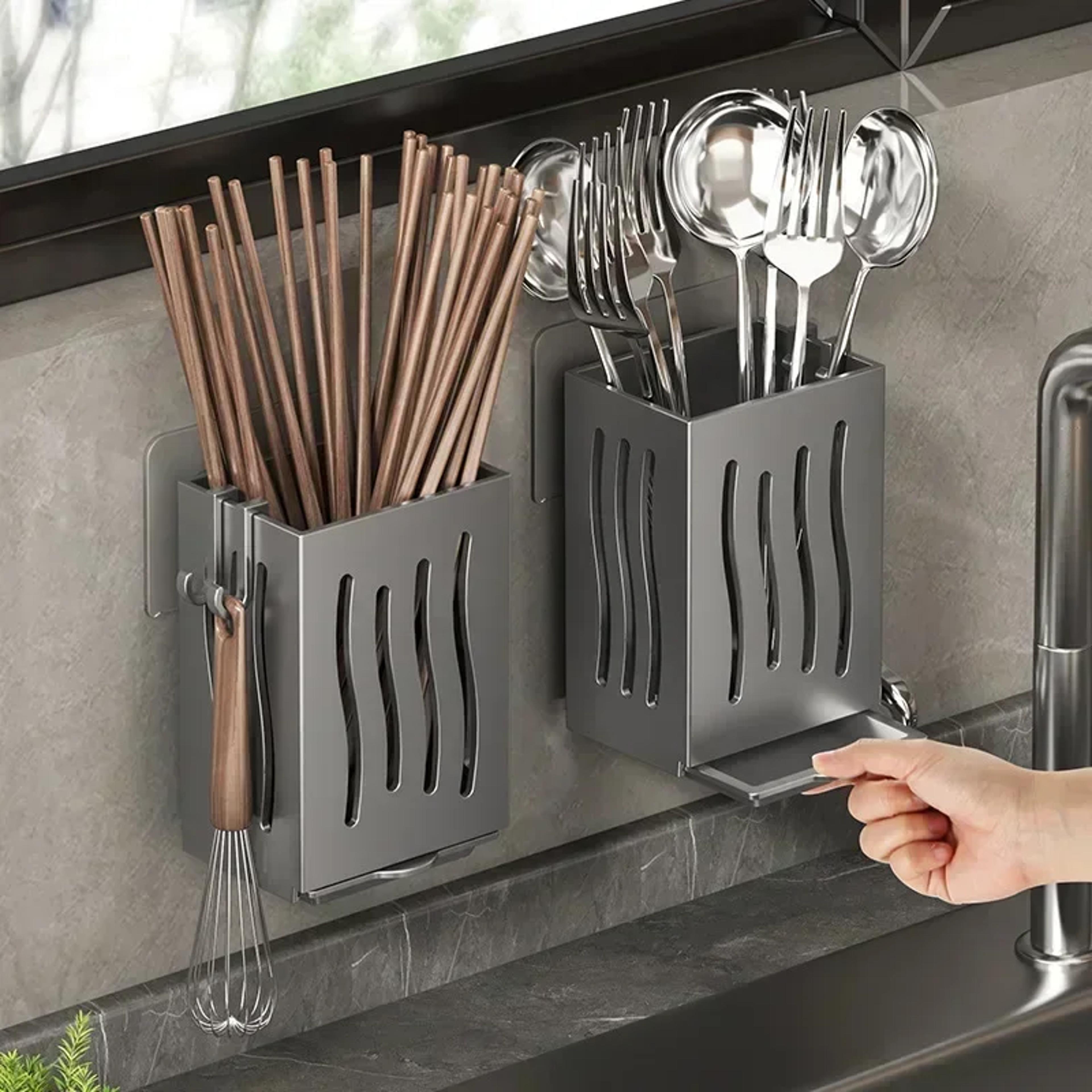 multifunctional kitchen utensil rack wall-mounted or freestanding plastic cutlery storage with draining chopstick hold