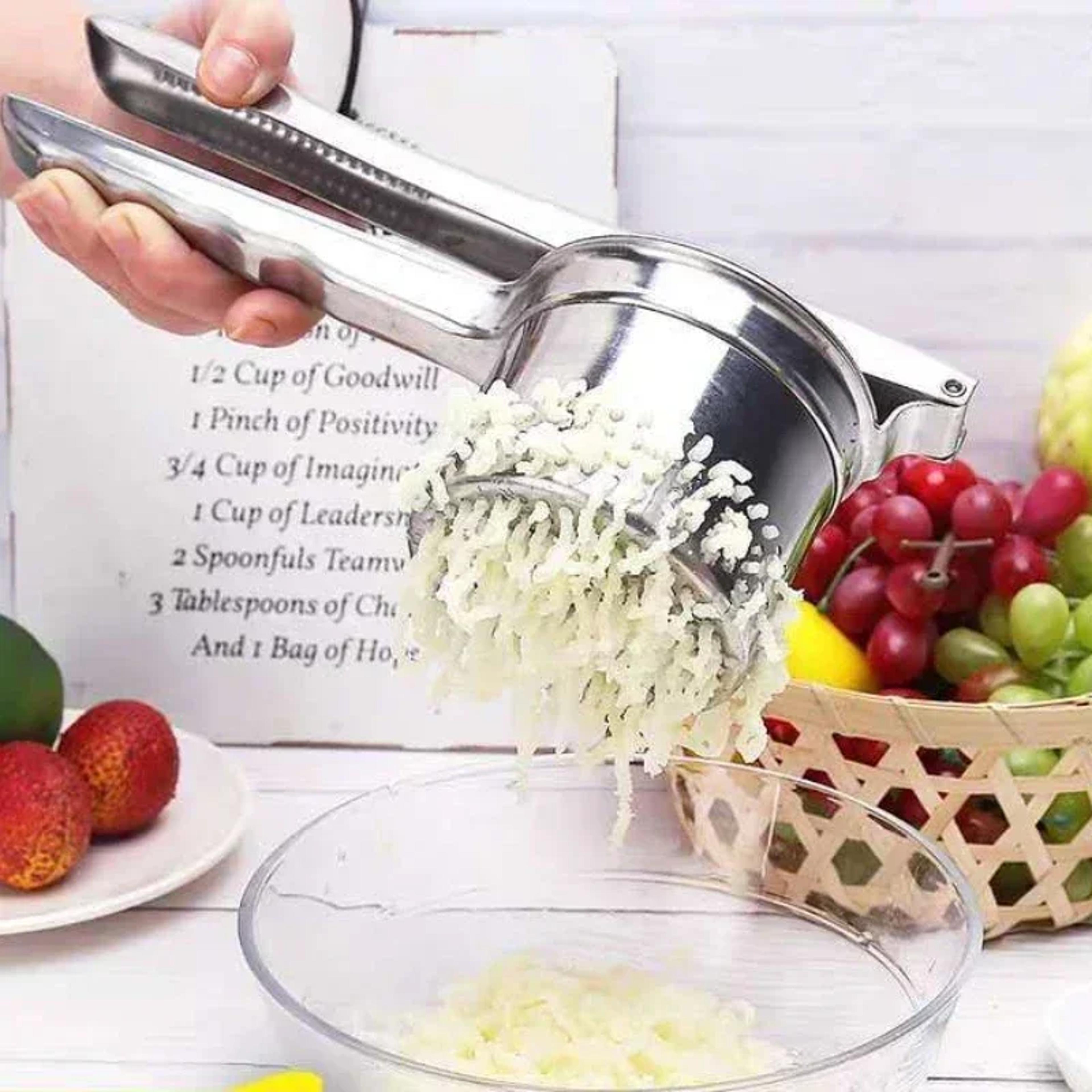 stainless steel masher ricer press for potatoes, fruits & vegetables squeezer & juicer tool for smooth purees
