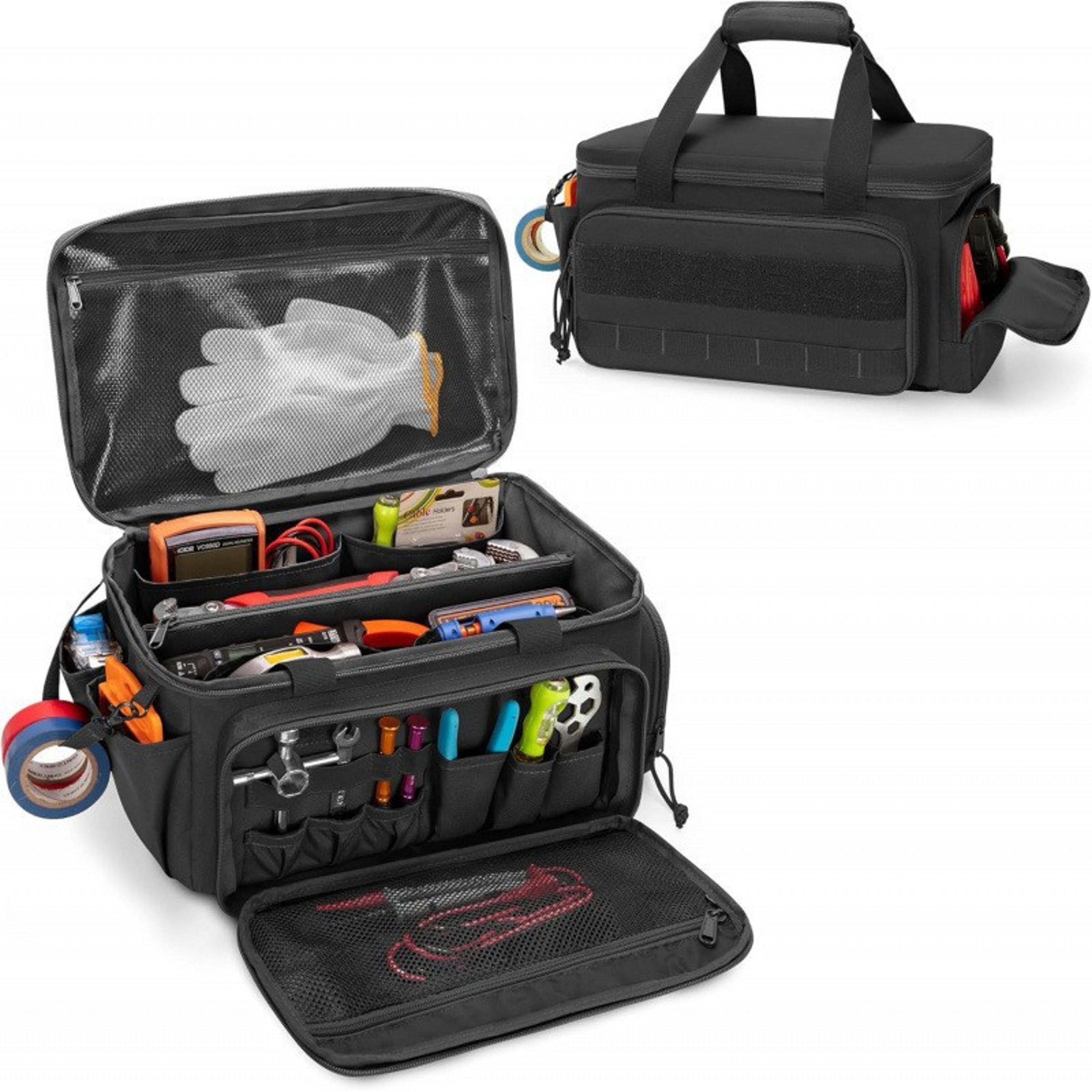 heavy duty tool organizer with pouch bags and non-slip base for electricians, carpenters, and repairmen