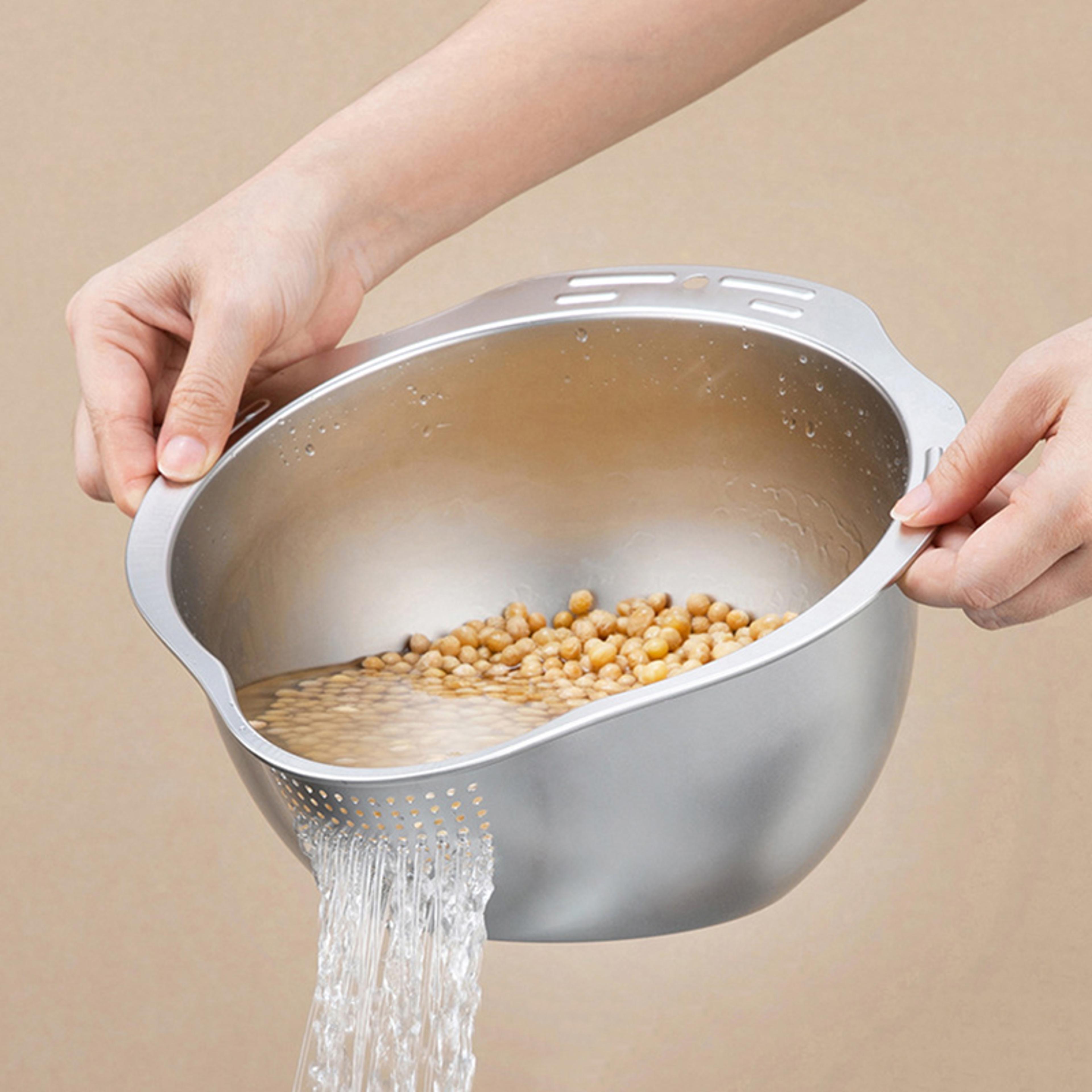 stainless steel rice washer strainer bowl ideal for washing fruits, vegetables & grains