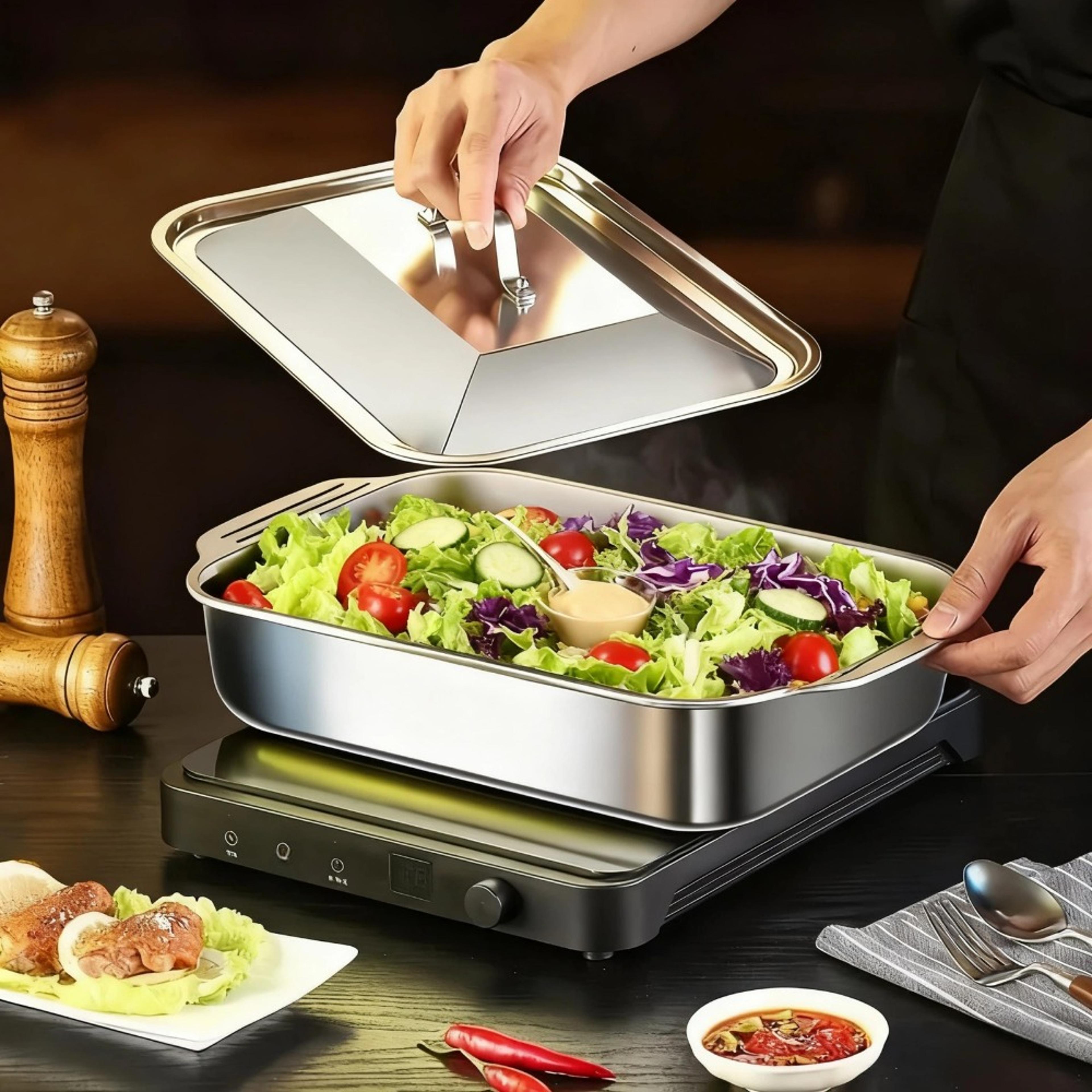 non-stick stainless steel baking pan with lid perfect for casserole, pie, and roasting ideal for commercial & home.