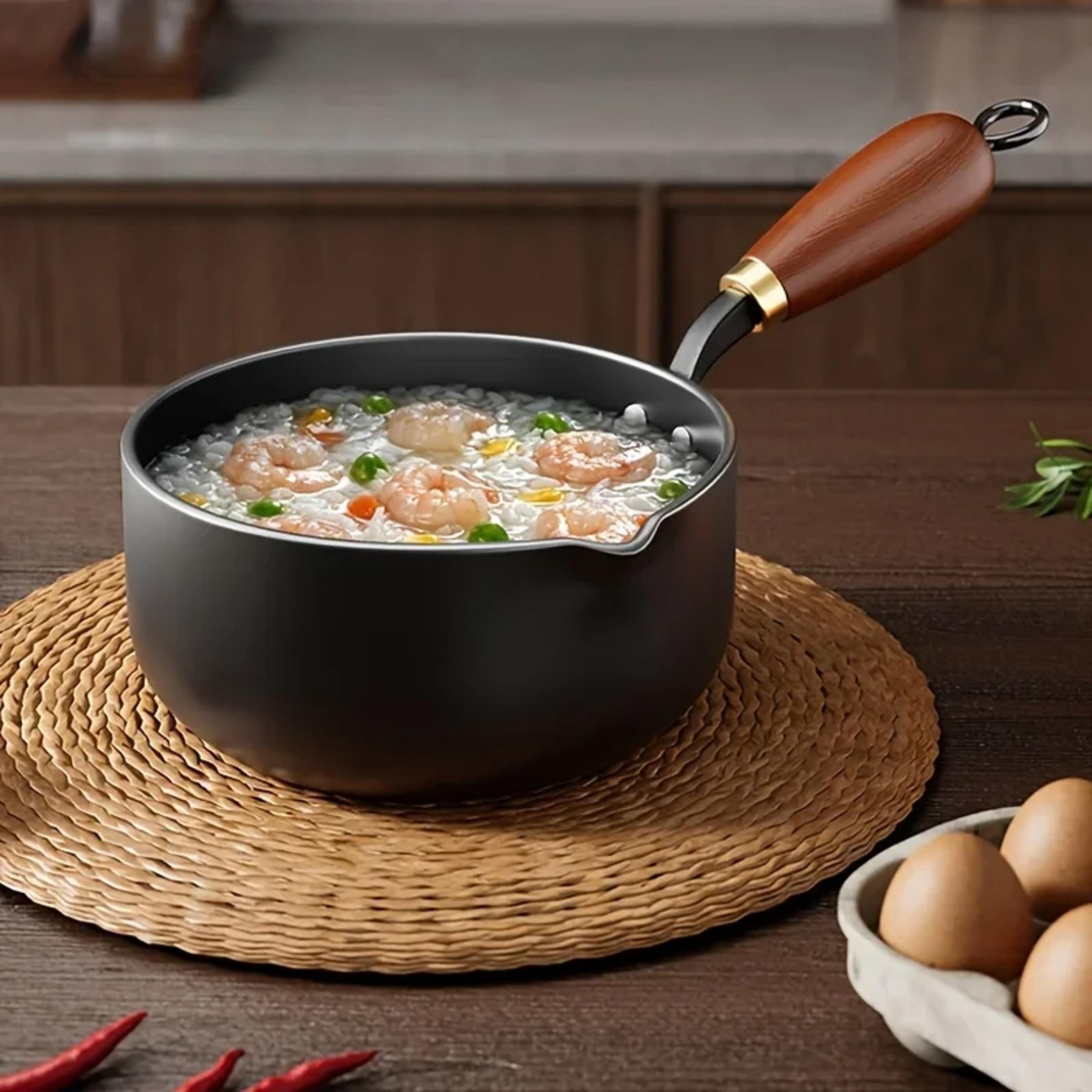 induction compatible milk pot with wooden handle, small saucepan for boiling milk, soup & noodles.