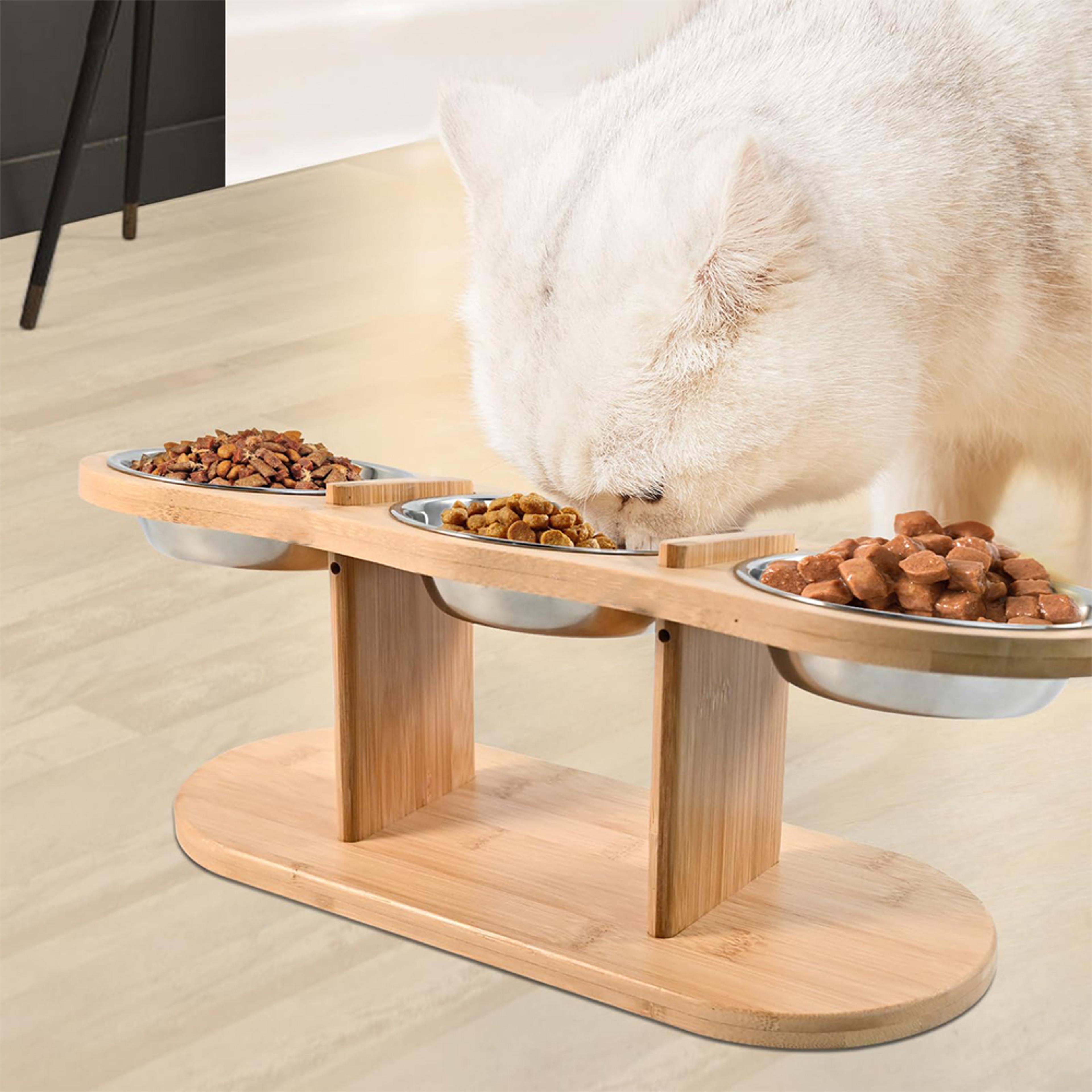 raised cat feeder stainless steel bowls with wooden stand, tilt for comfortable feeding