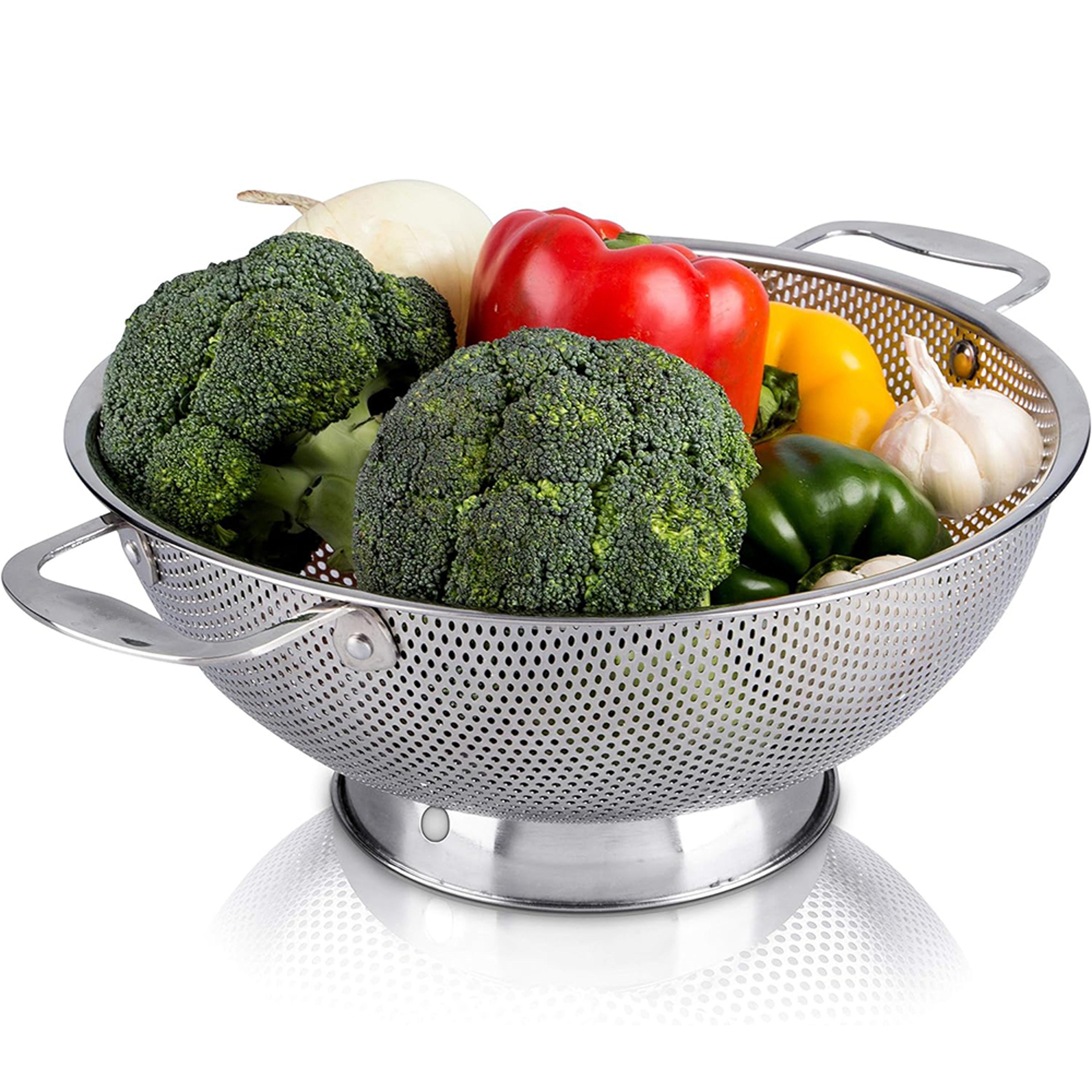 large stainless steel colander with handle durable kitchen food strainer basket with self-draining ring base for pasta