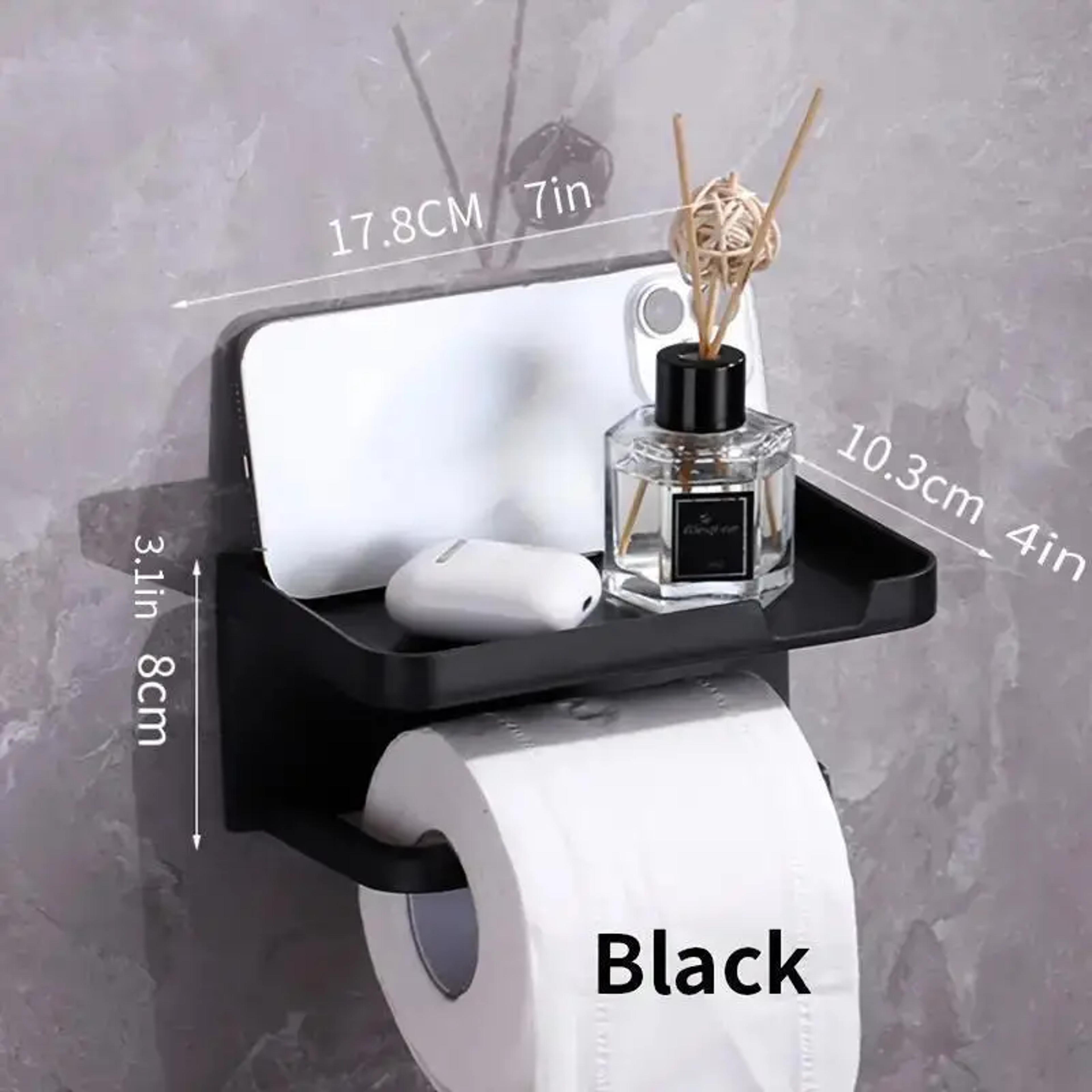 wall-mounted no-drill toilet paper holder with shelf and phone holder, polypropylene bathroom tissue roll dispenser