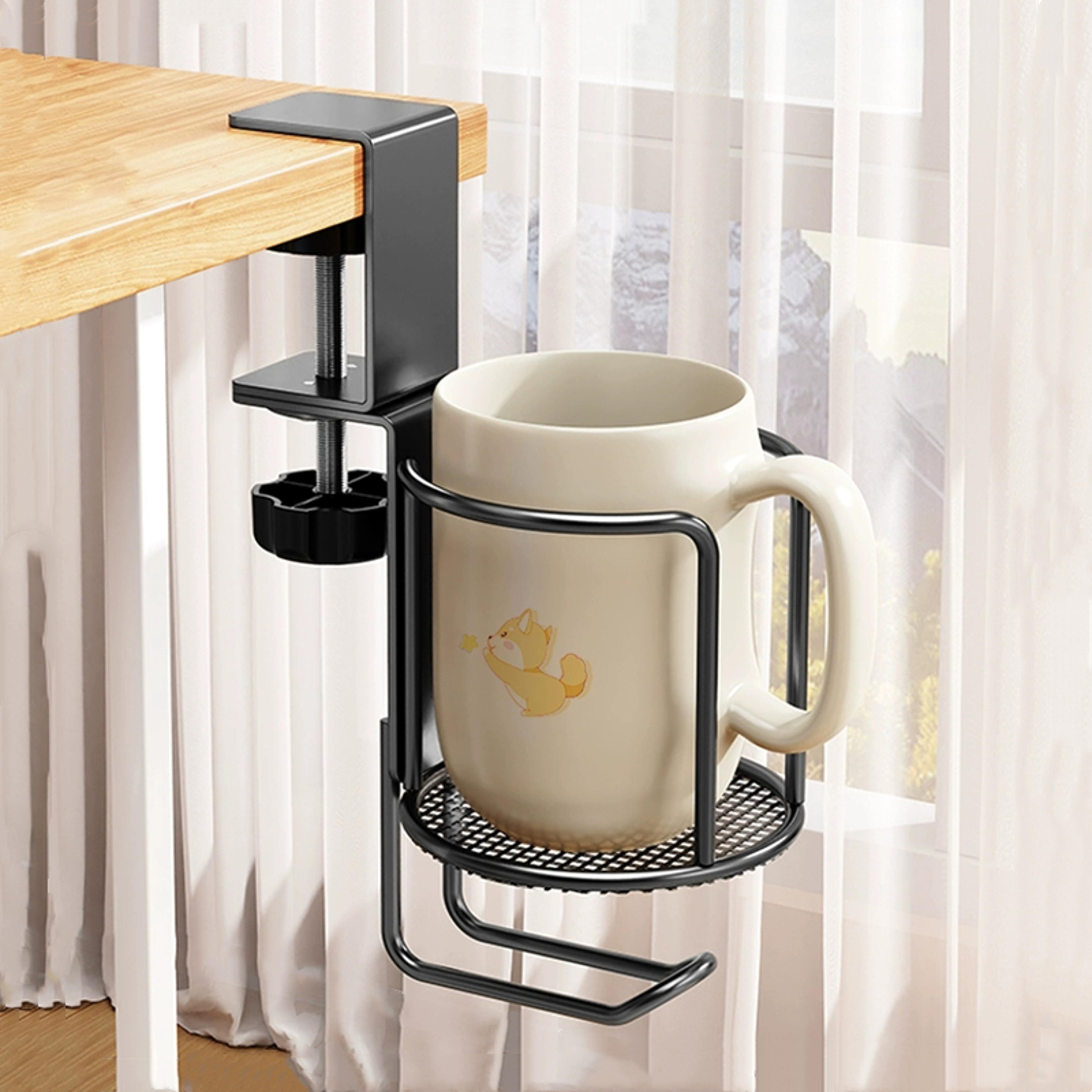 no drill desk cup holder adjustable rotating clamp stand for desk, table edge anti-fall design