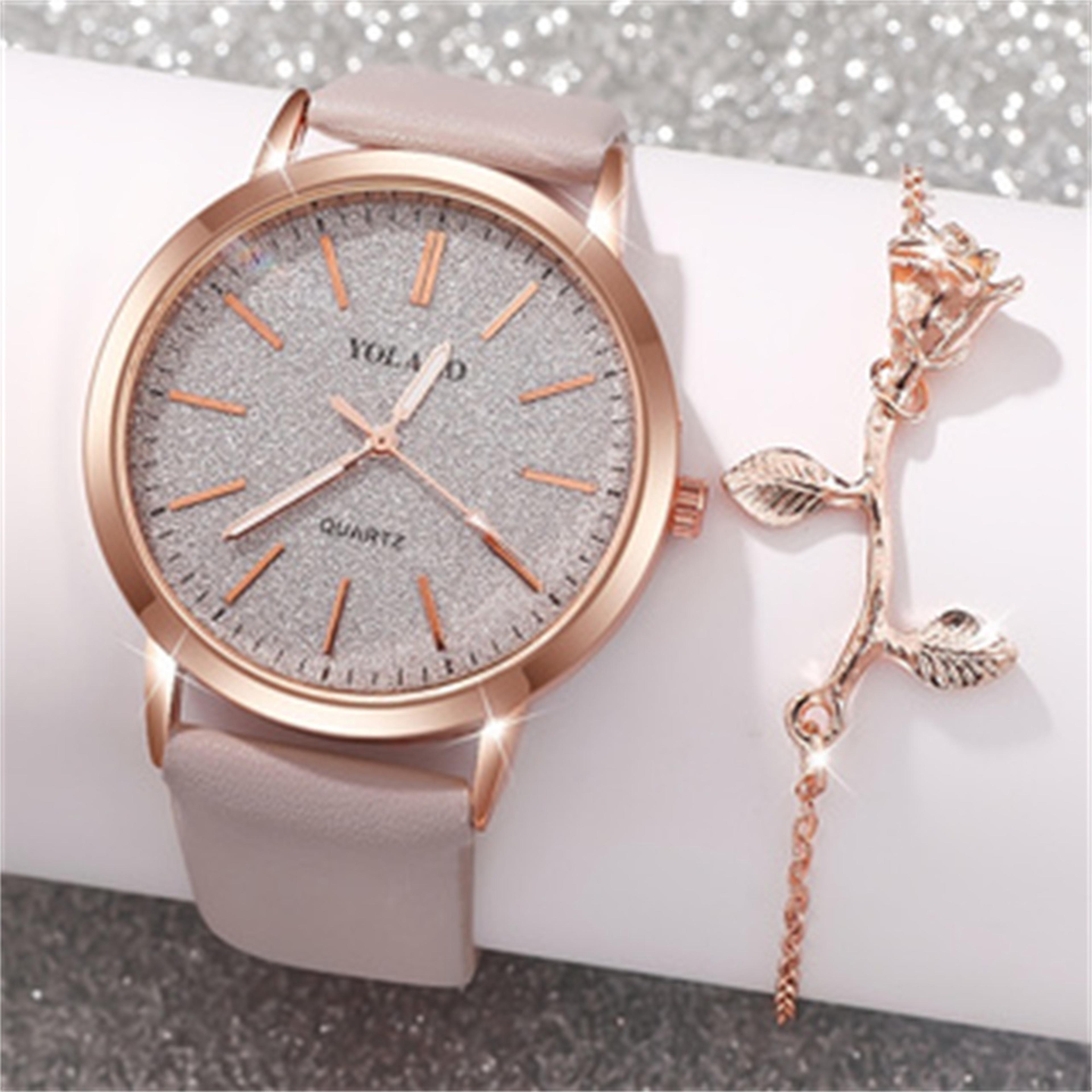 elegant women's rose flower bracelet watch shiny pu leather analog quartz timepiece