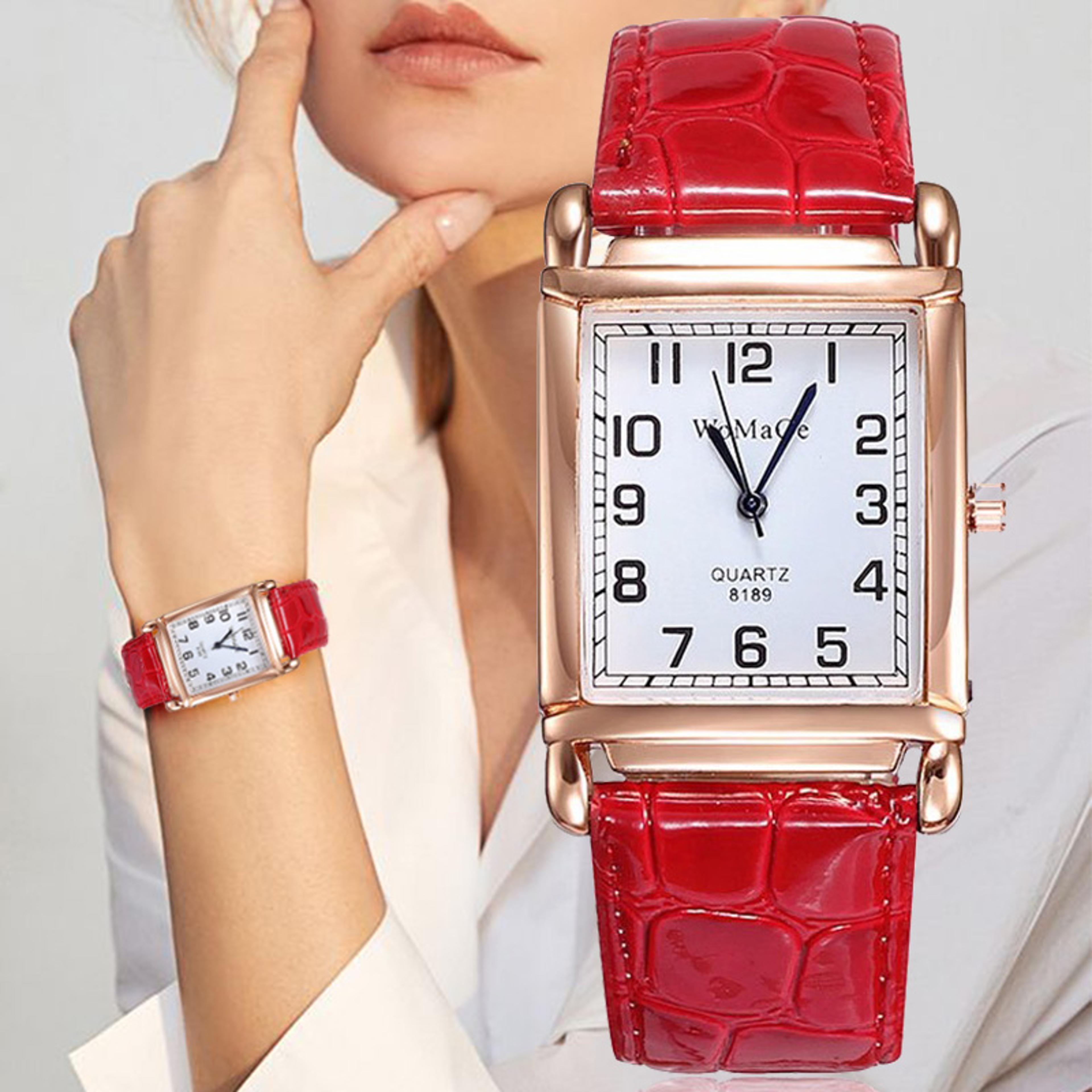 luxury rose gold square womens quartz watch with red leather strap