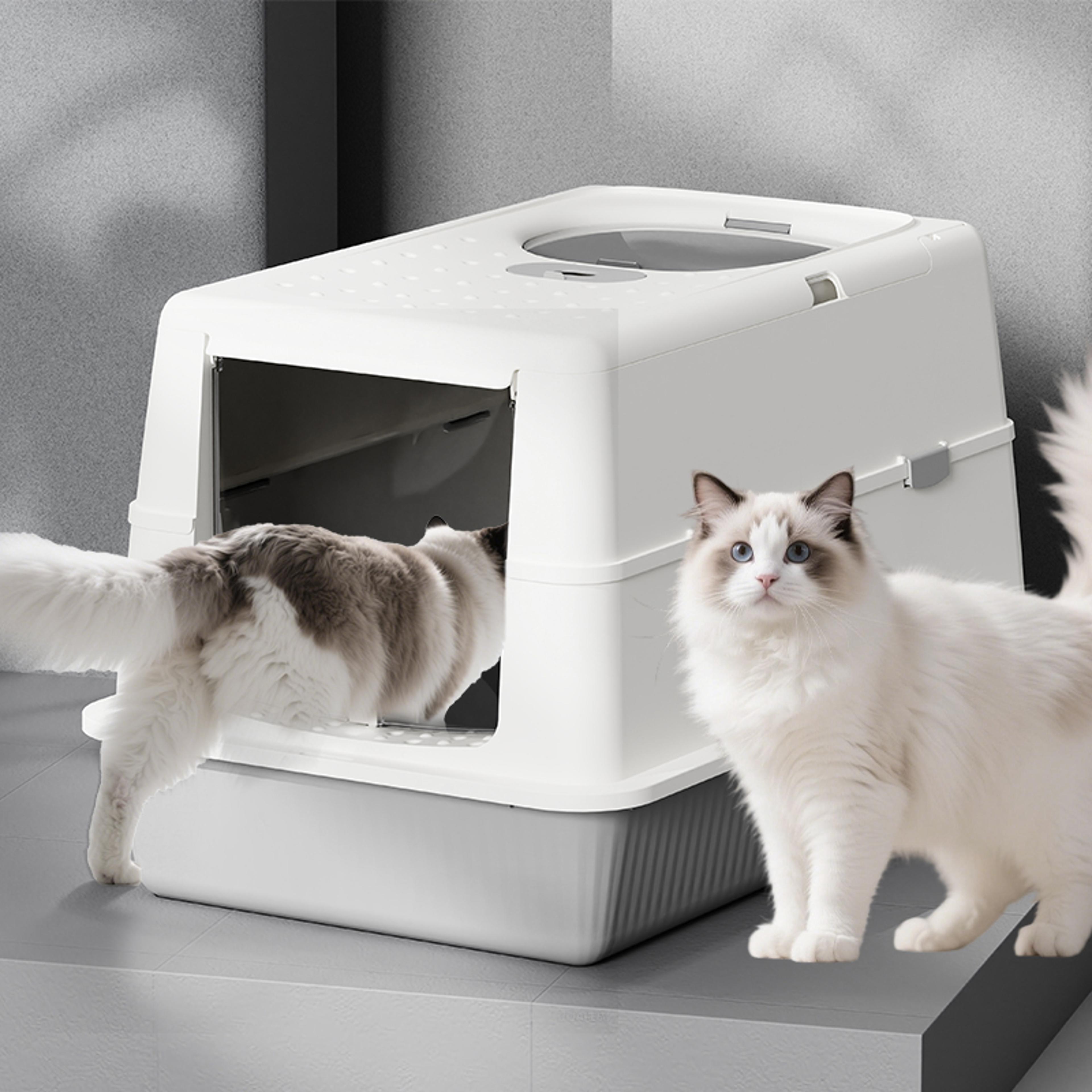 fully enclosed flip-top cat litter box high-sided, splash-proof & litter-tracking preventive design
