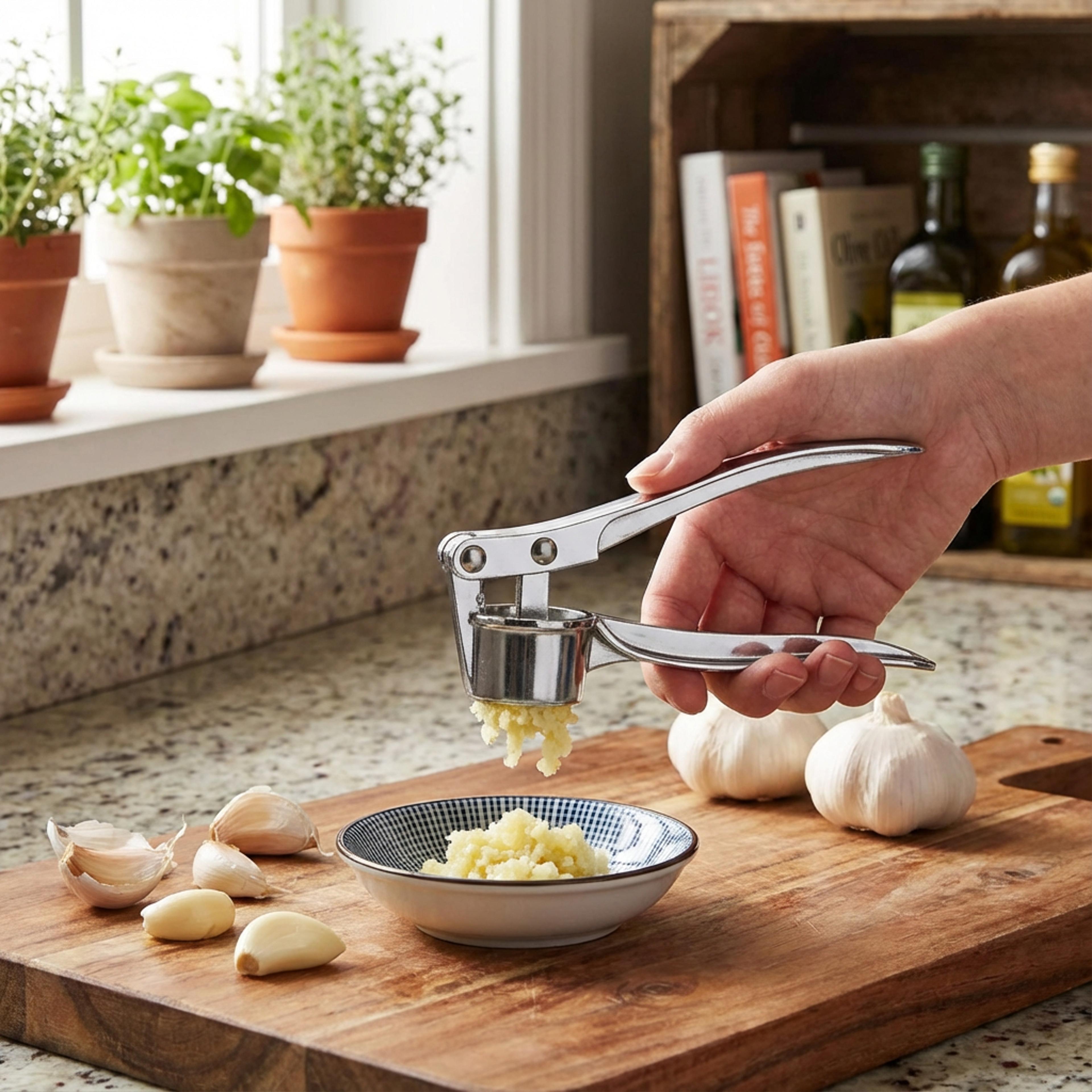 effortless garlic & nut press with easy grip non-slip aluminum crusher, safe and durable