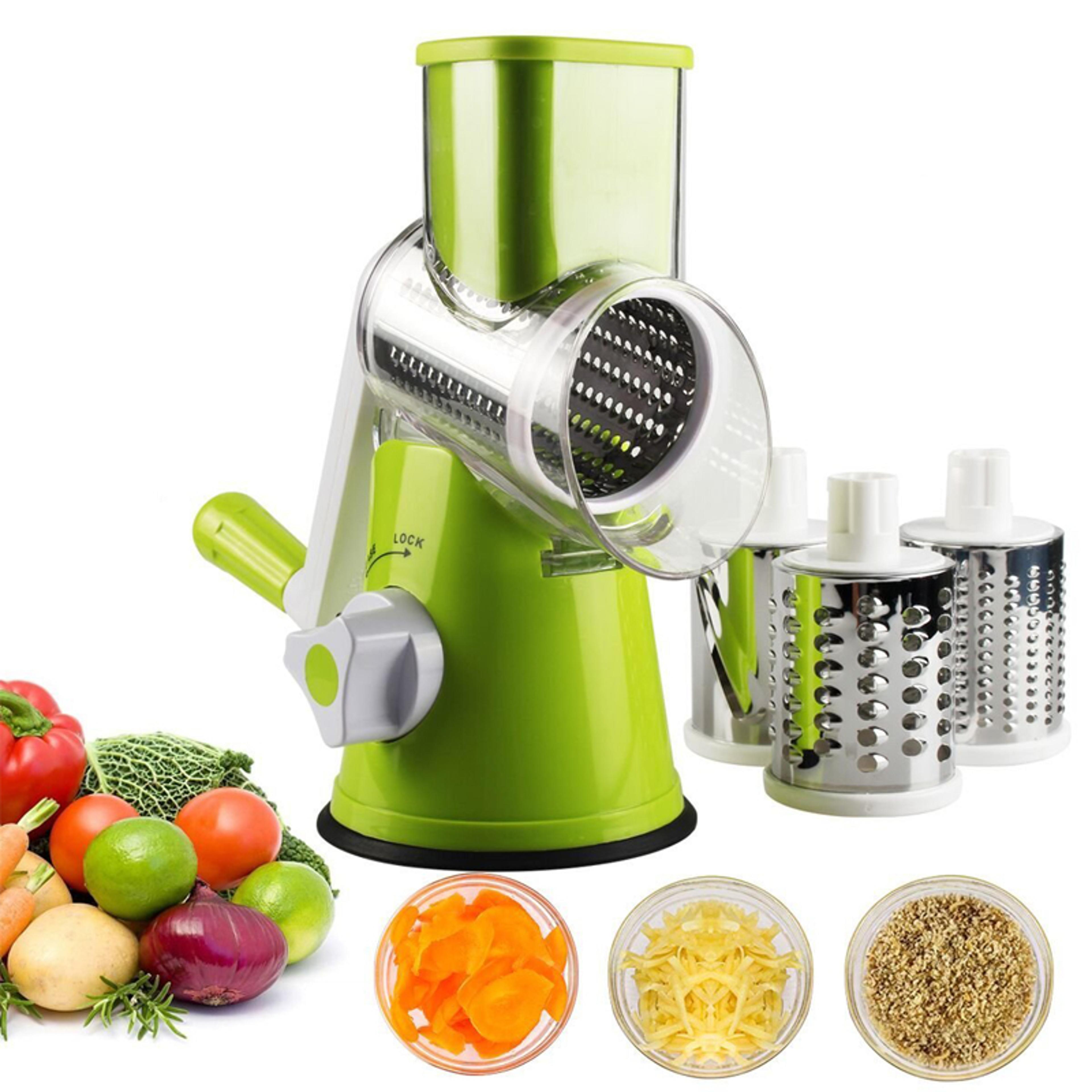 manual rotary vegetable slicer and cheese grater with stainless steel drums for effortless food prep