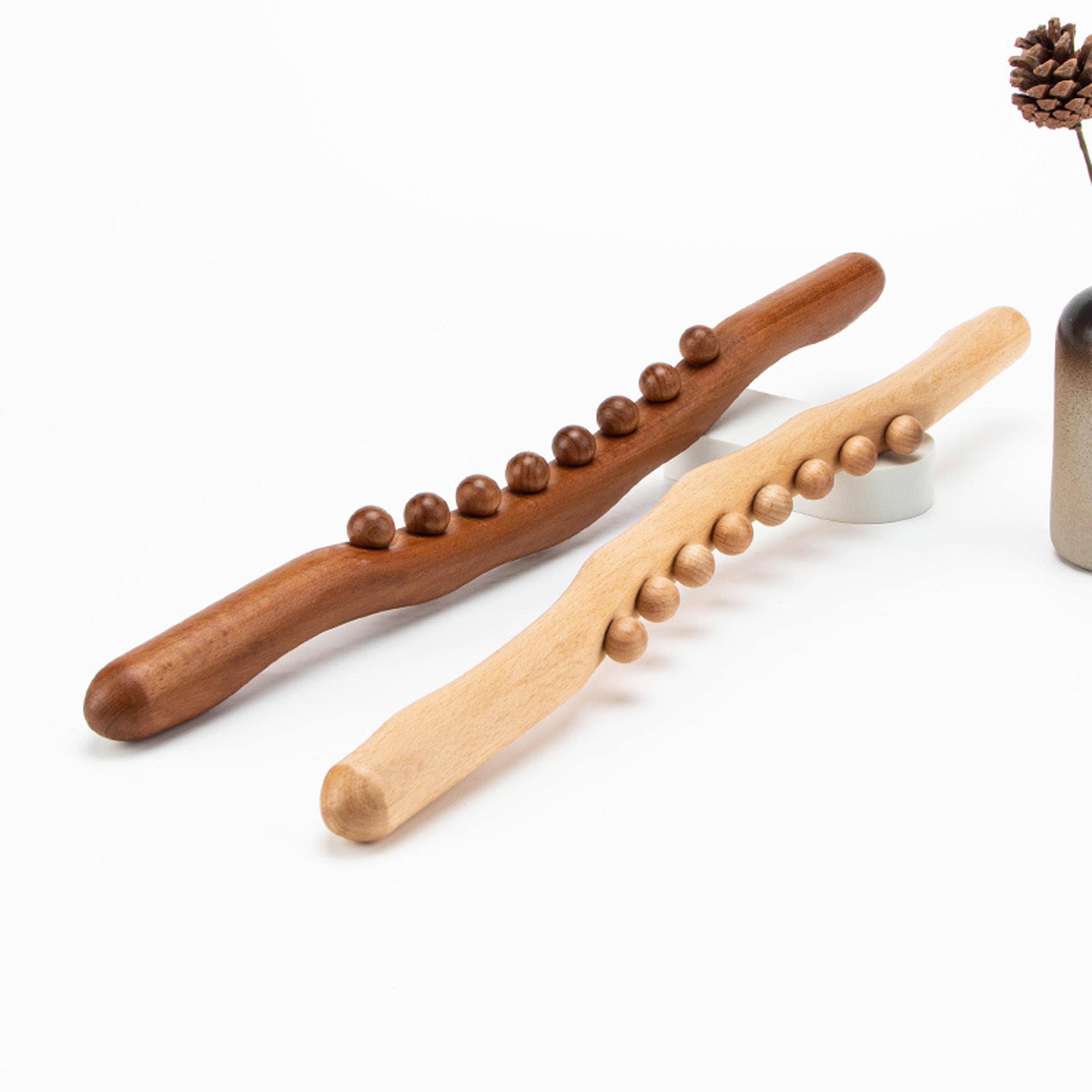 wooden rolling pin for back needle massage, tendon therapy, guasha relaxation tool beechwood scraping stick.