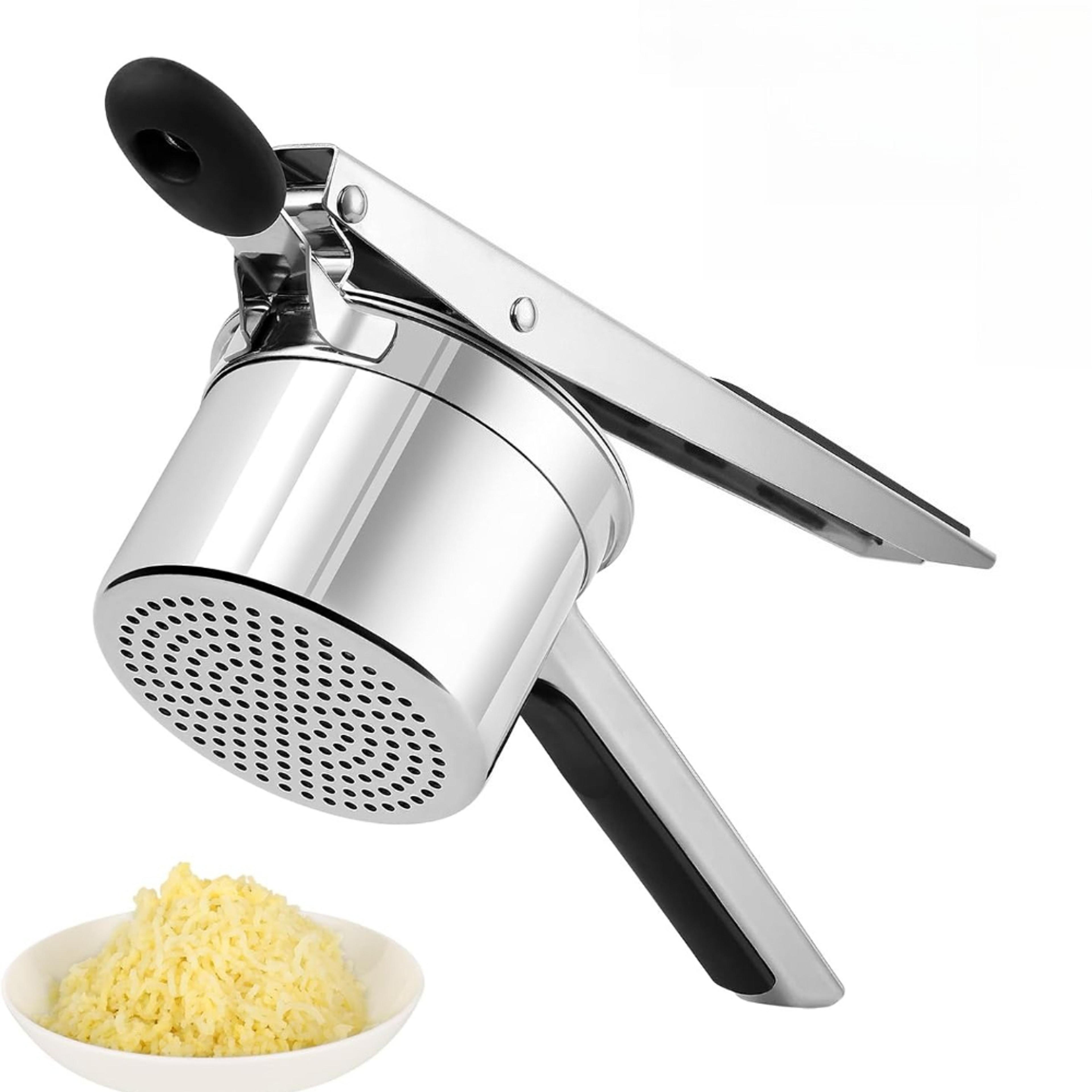 heavy duty stainless steel potato ricer with non-slip handles perfect for mashed potatoes, fruit, and vegetables