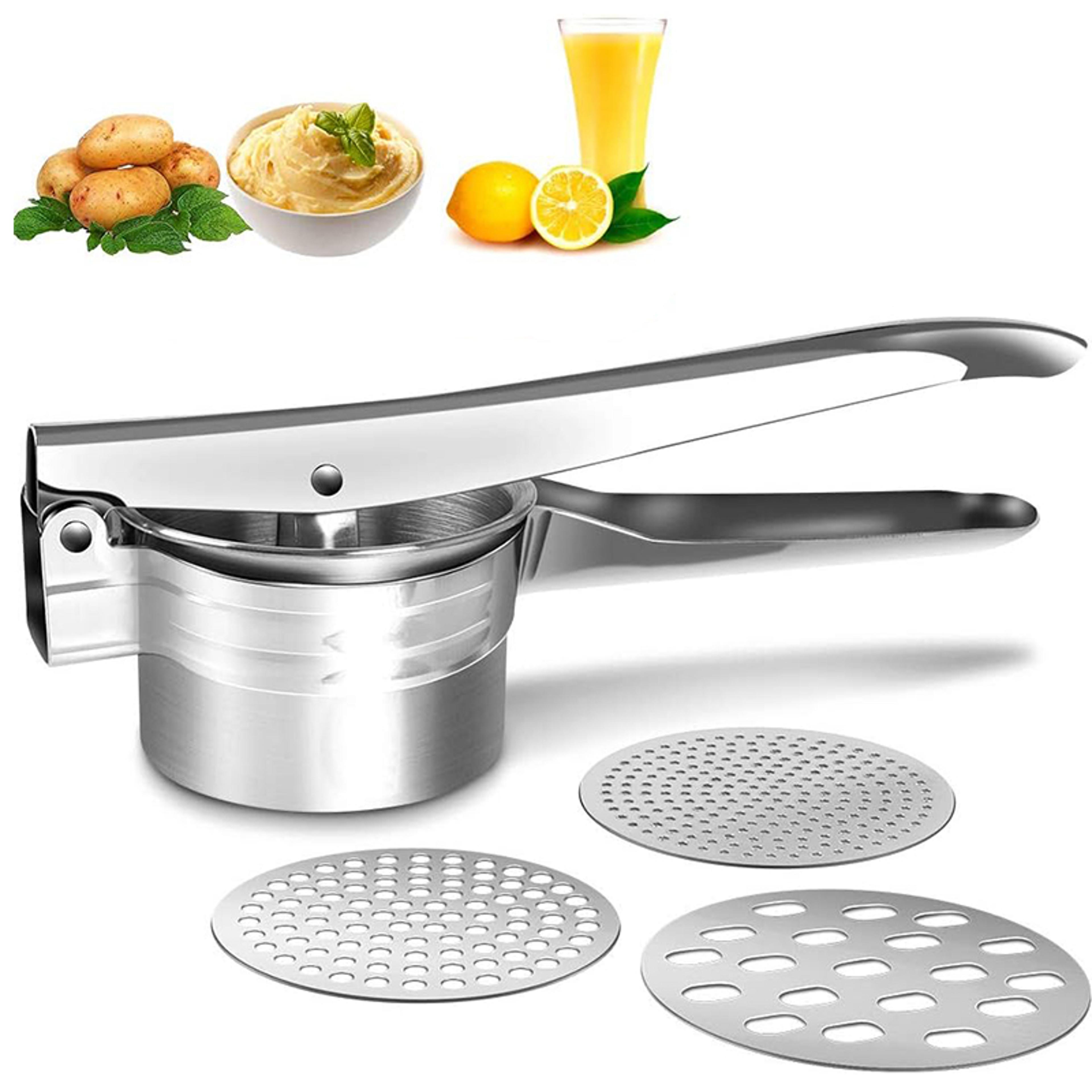 manual potato masher stainless steel ricer with interchangeable discs for perfect mashed potatoes, cauliflower & yam