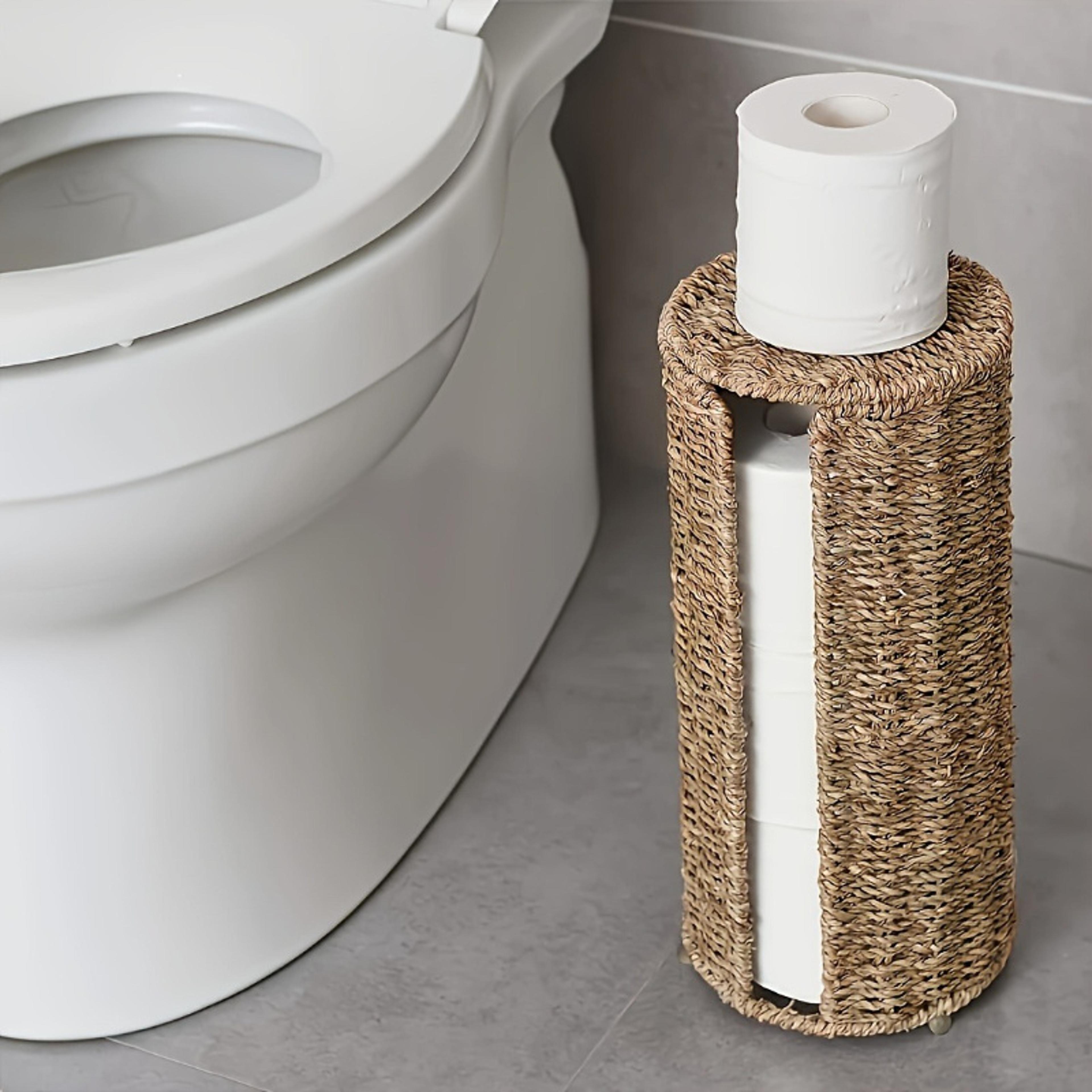 no-drill iron toilet paper holder with handwoven storage basket & cup holder bathroom organizer