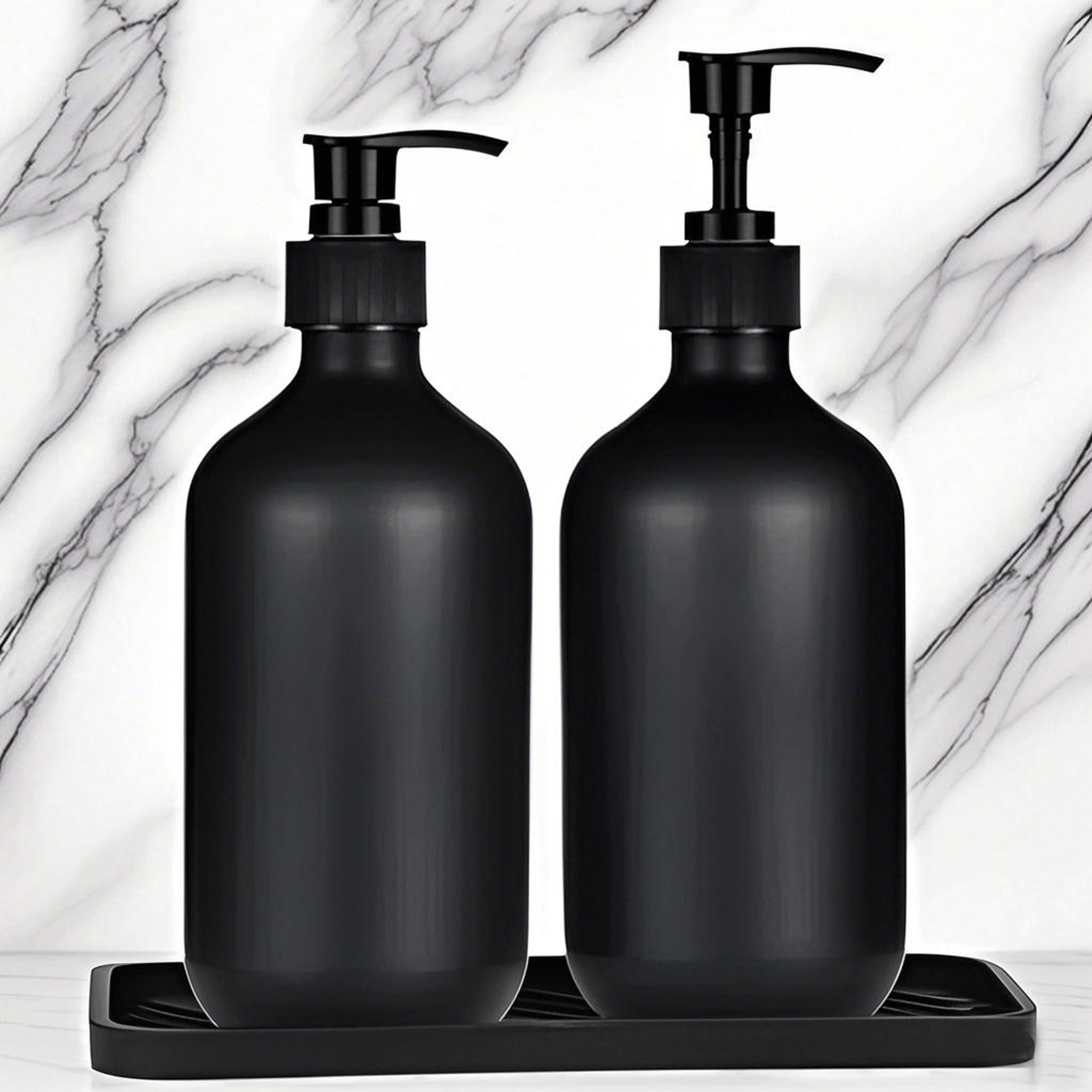 matte black liquid soap dispenser refillable shampoo, conditioner, and body lotion container for bathroom or hotel use