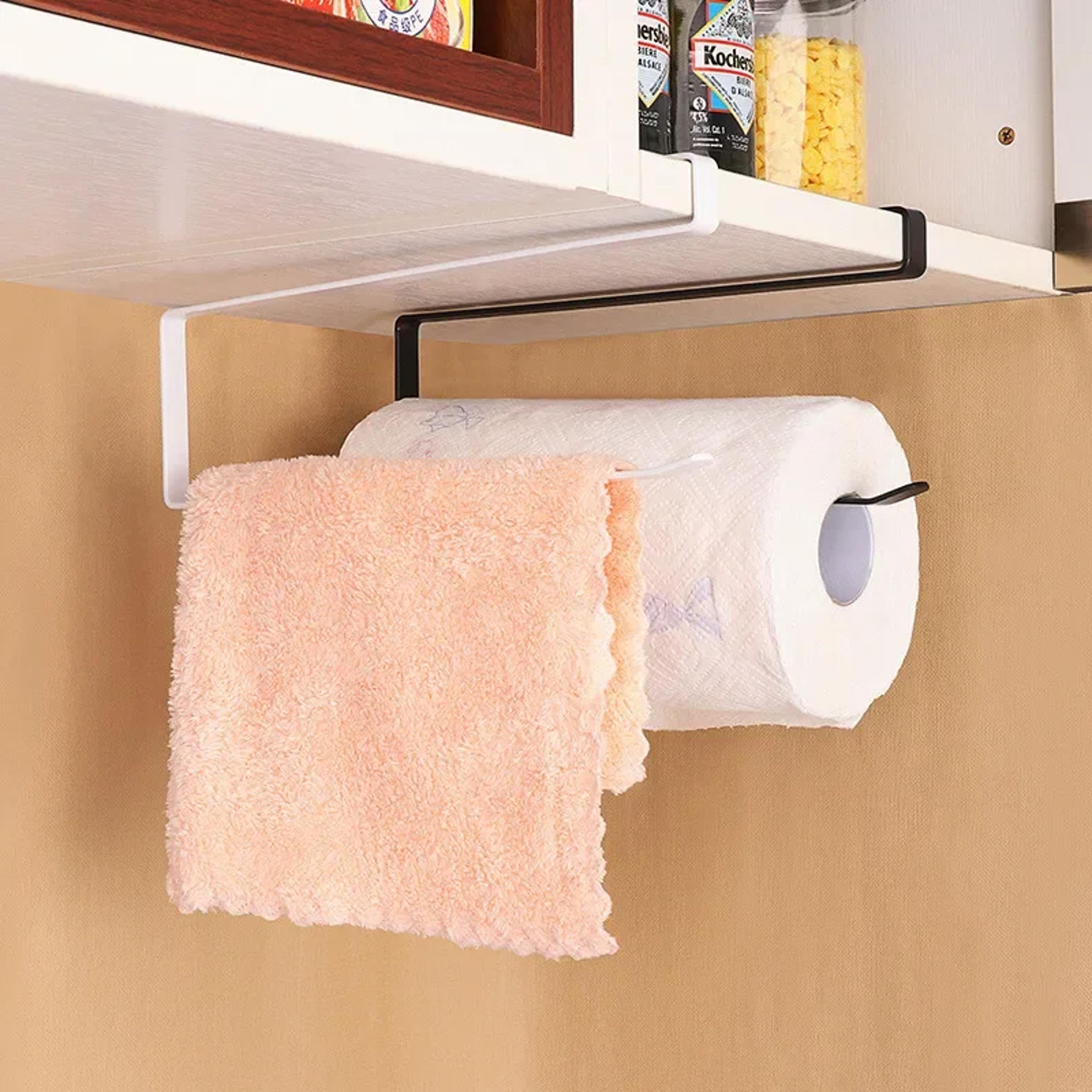 hanging kitchen towel and organizer rack for paper rolls, plastic wrap, and rags