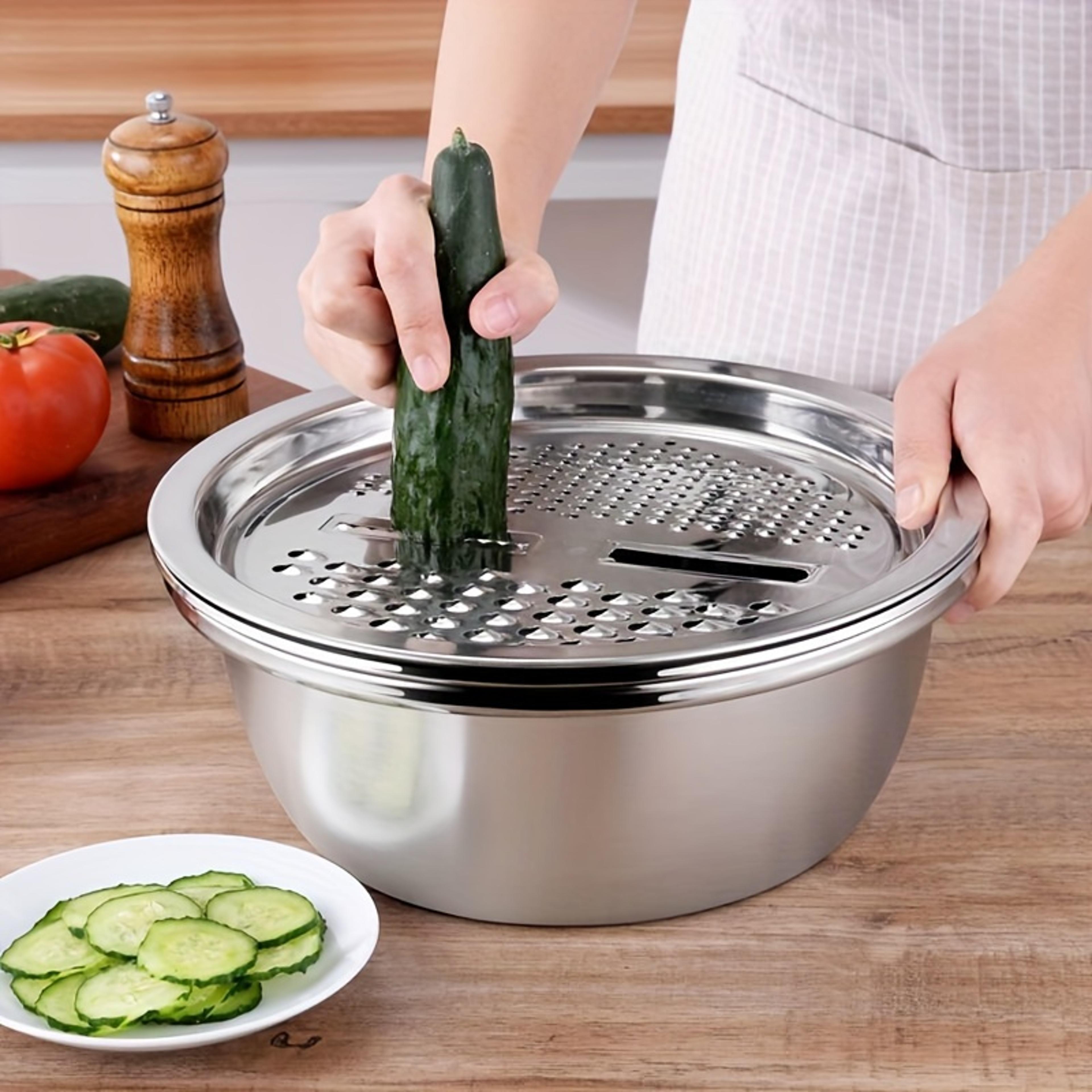 stainless steel kitchen set with integrated grinder, multi-filter, and mixing bowl perfect for cleaning.