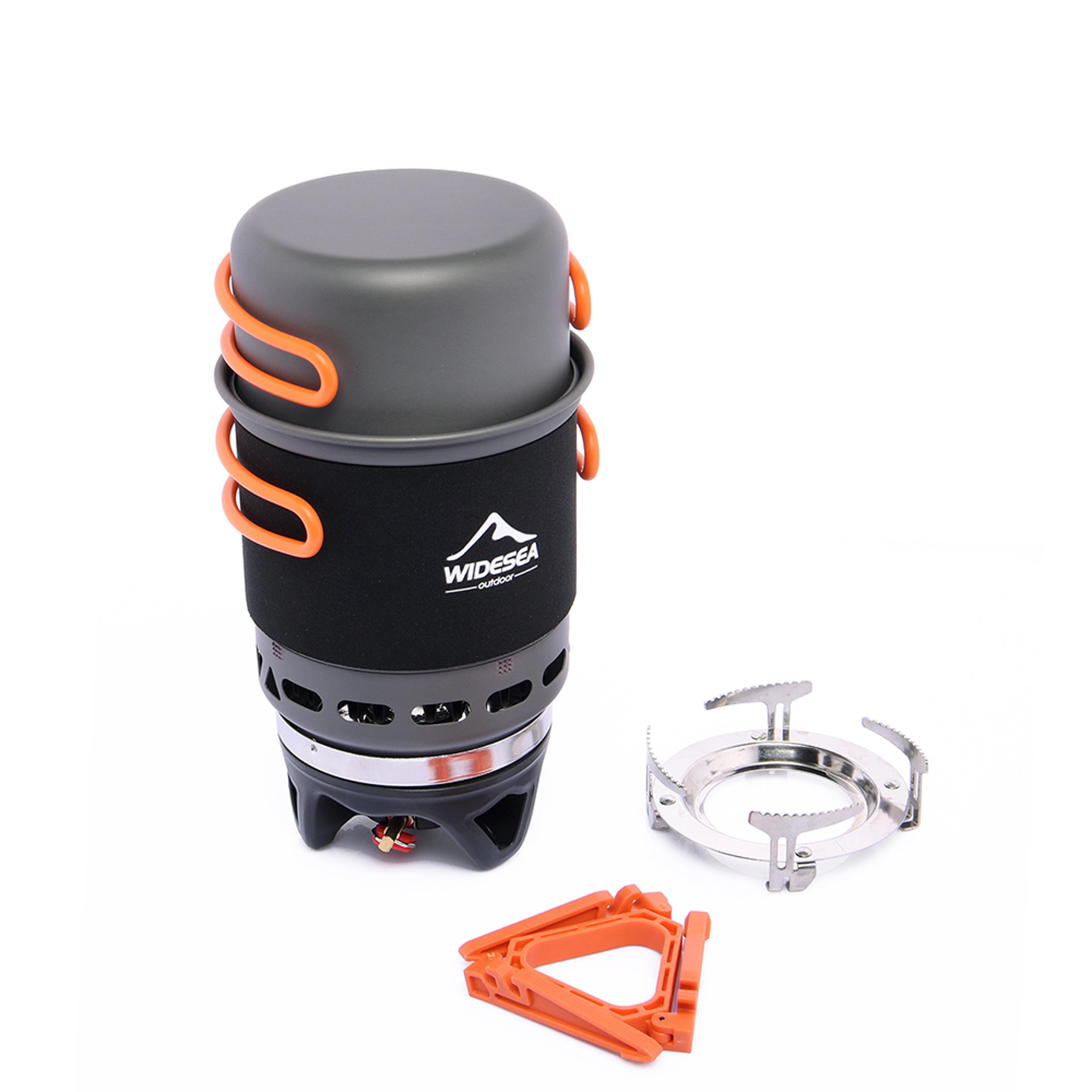 outdoor camping cooking system with heat exchanger portable gas burner stove & cookware set