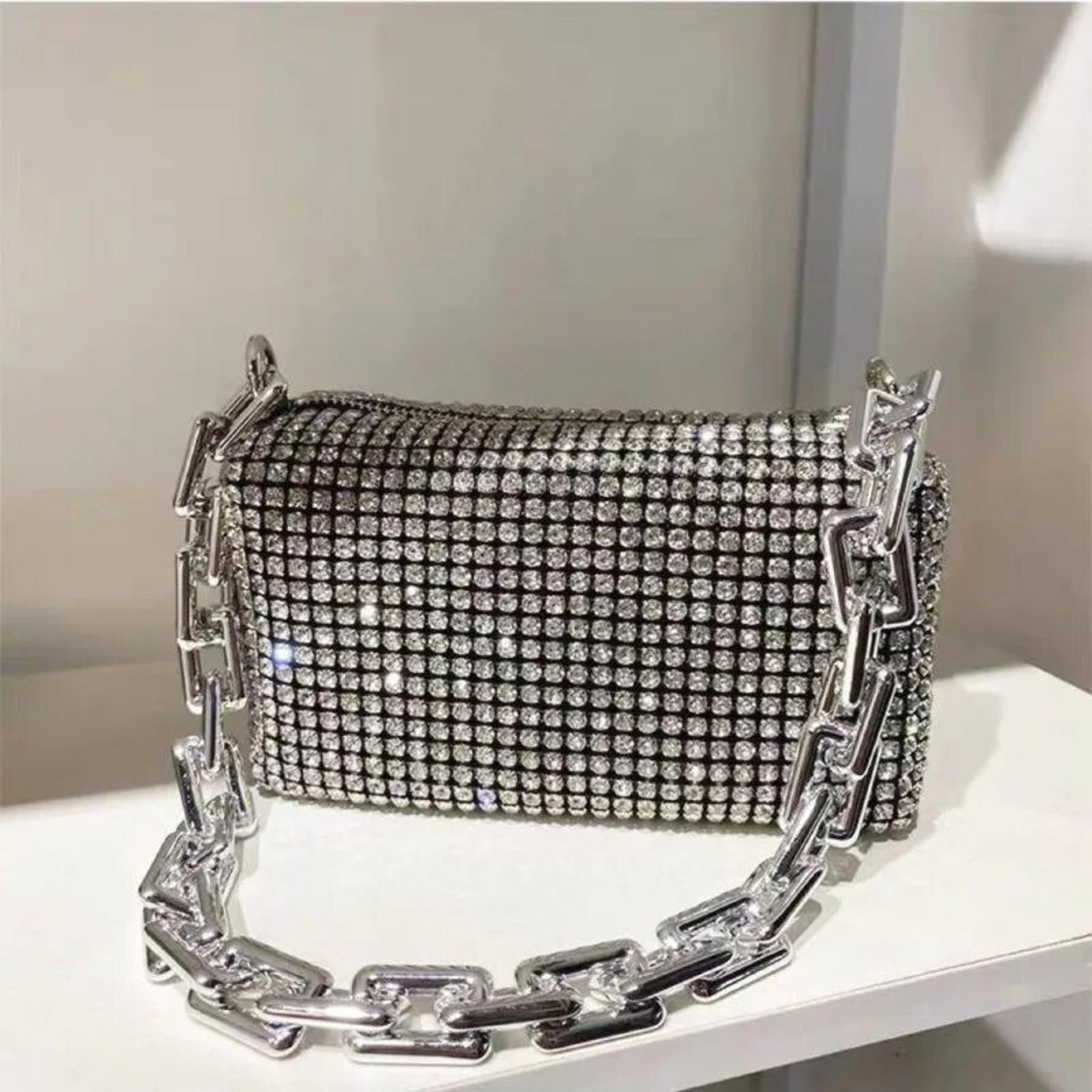 mini glitter bucket bag with chain strap, womens prom crossbody purse