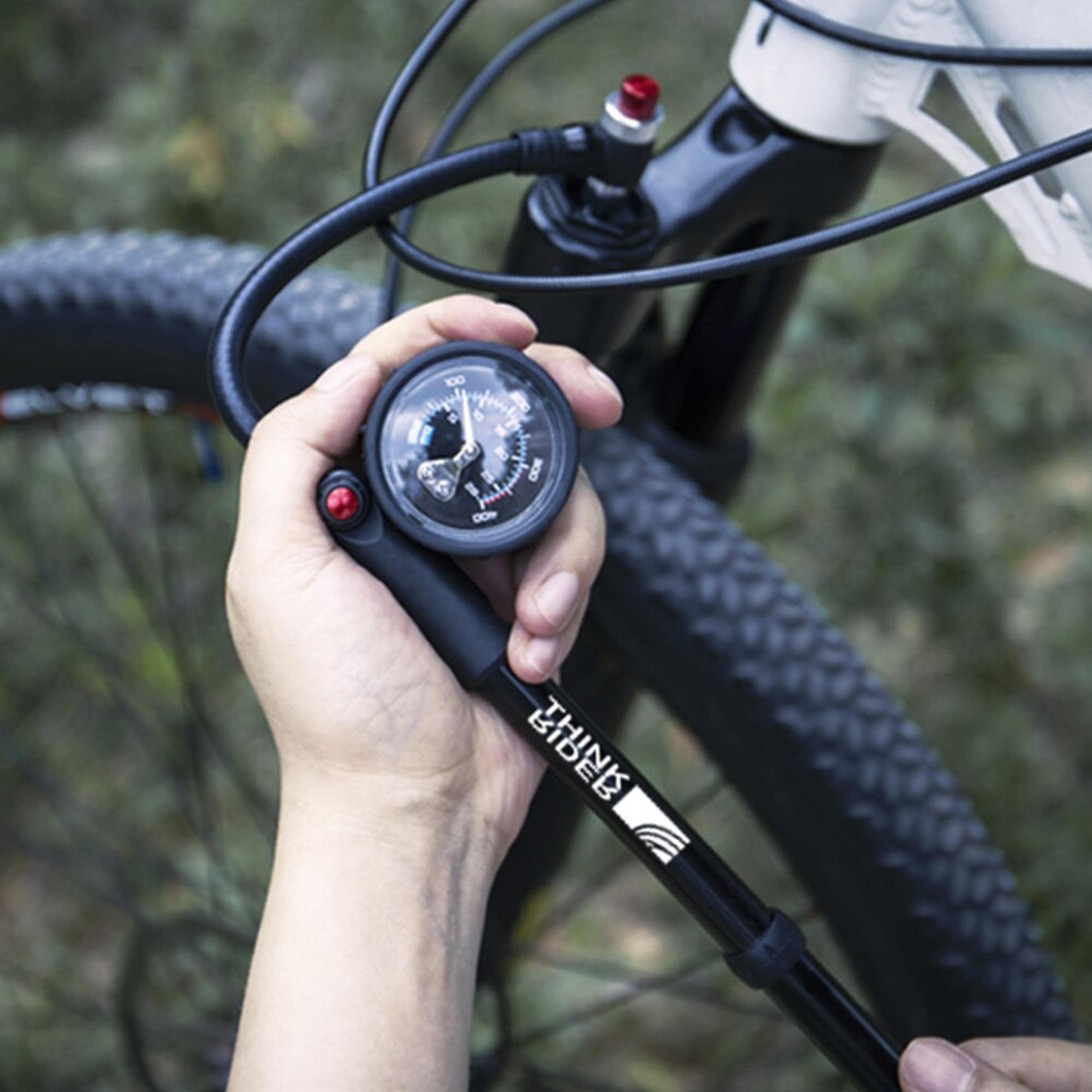 portable high-pressure bike air pump with gauge for fork & rear suspension.