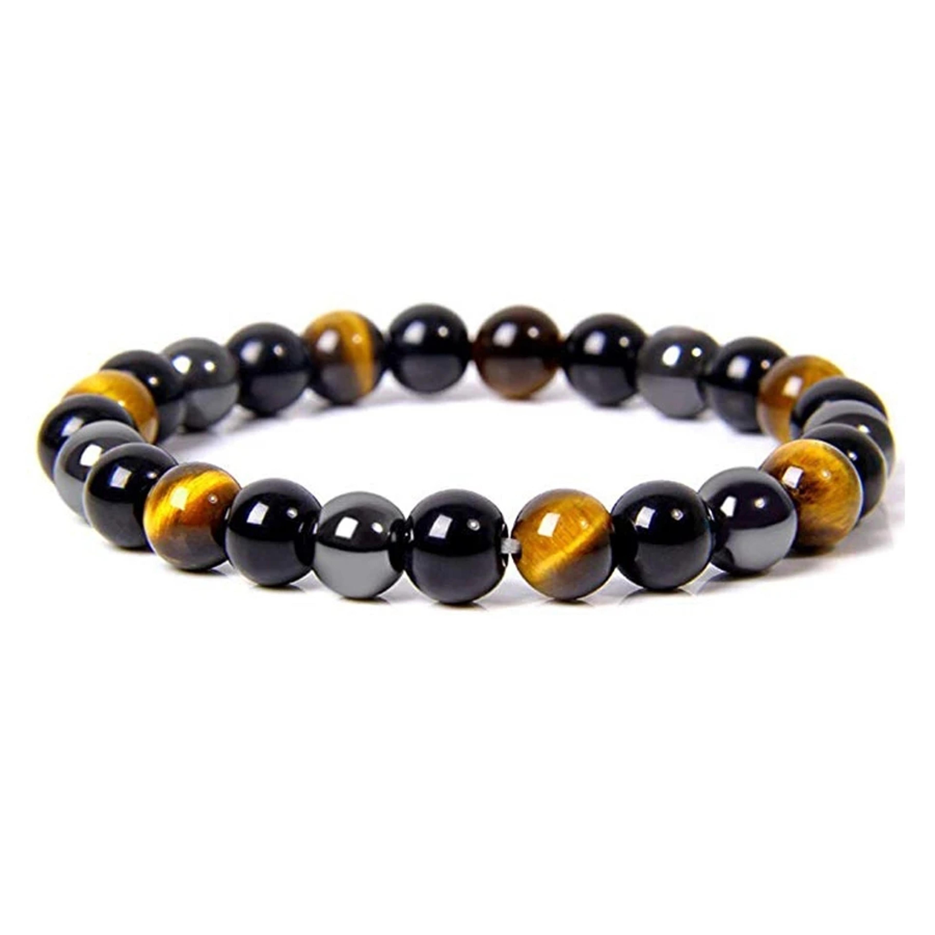 magnetic health protection bead bracelet for men and women featuring natural black obsidian, hematite & tiger eye.