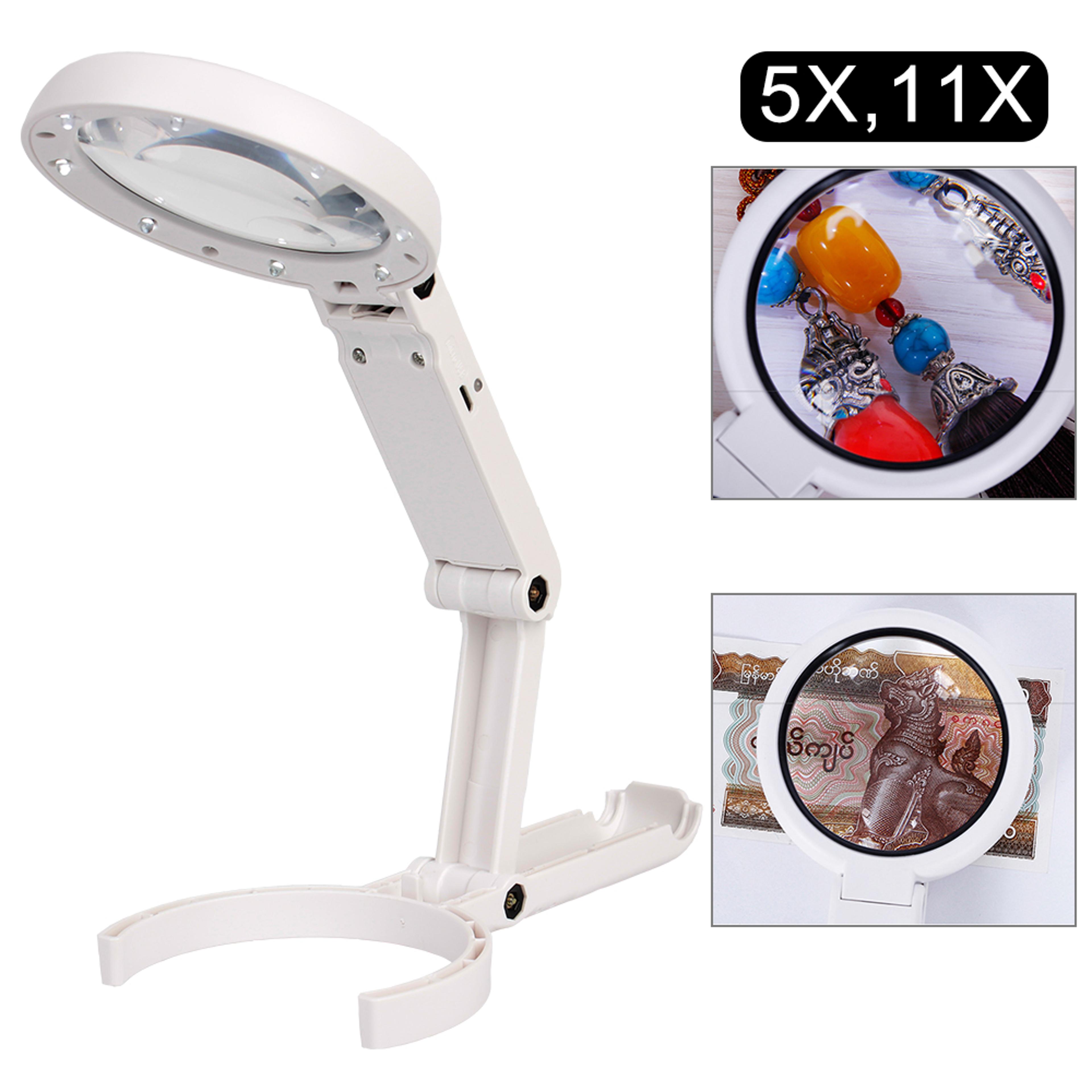 portable jewelry magnifying glass with led light, foldable stand desk for repair & appraisal