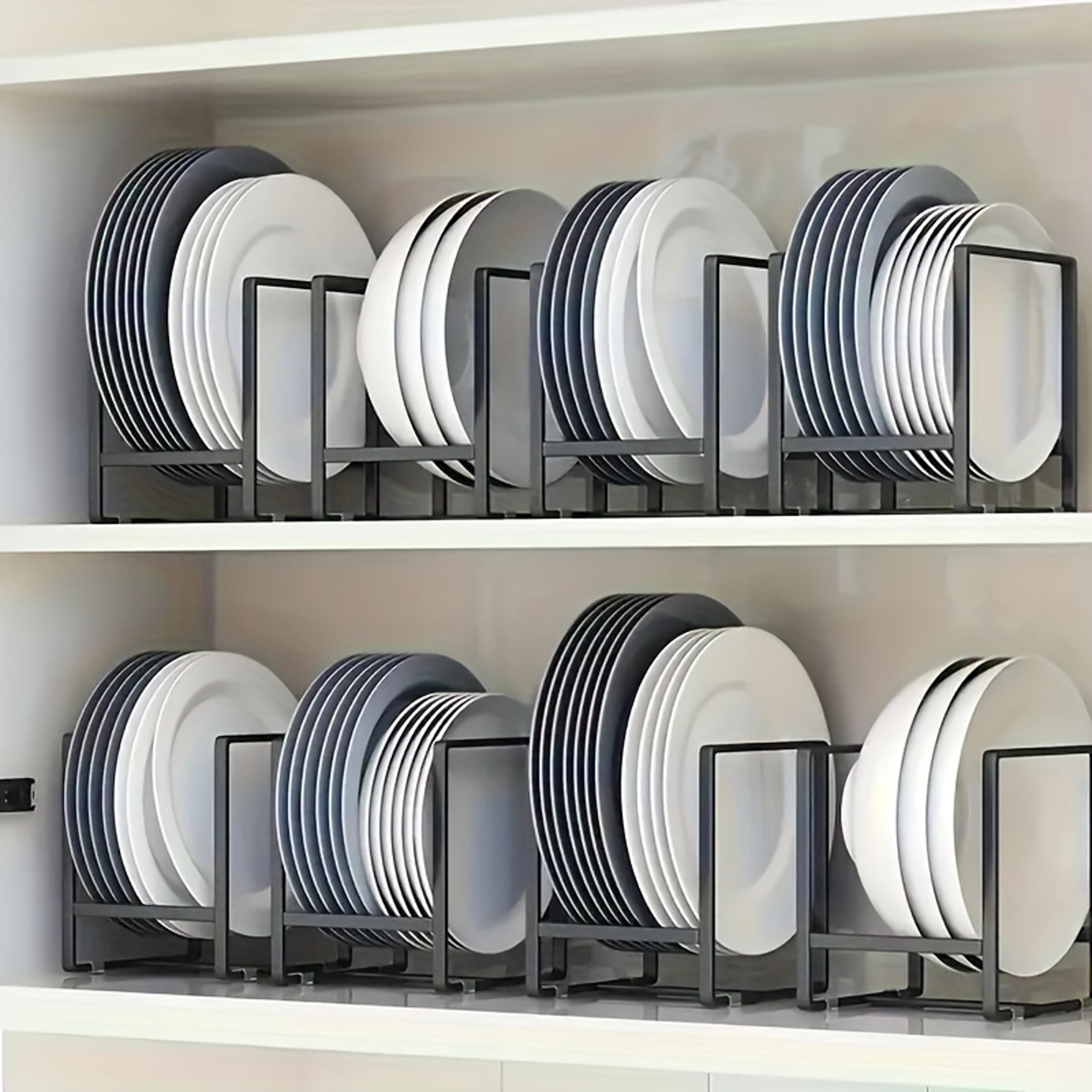 plate storage rack for kitchen countertop layered dish organizer, space-saving storage drawer