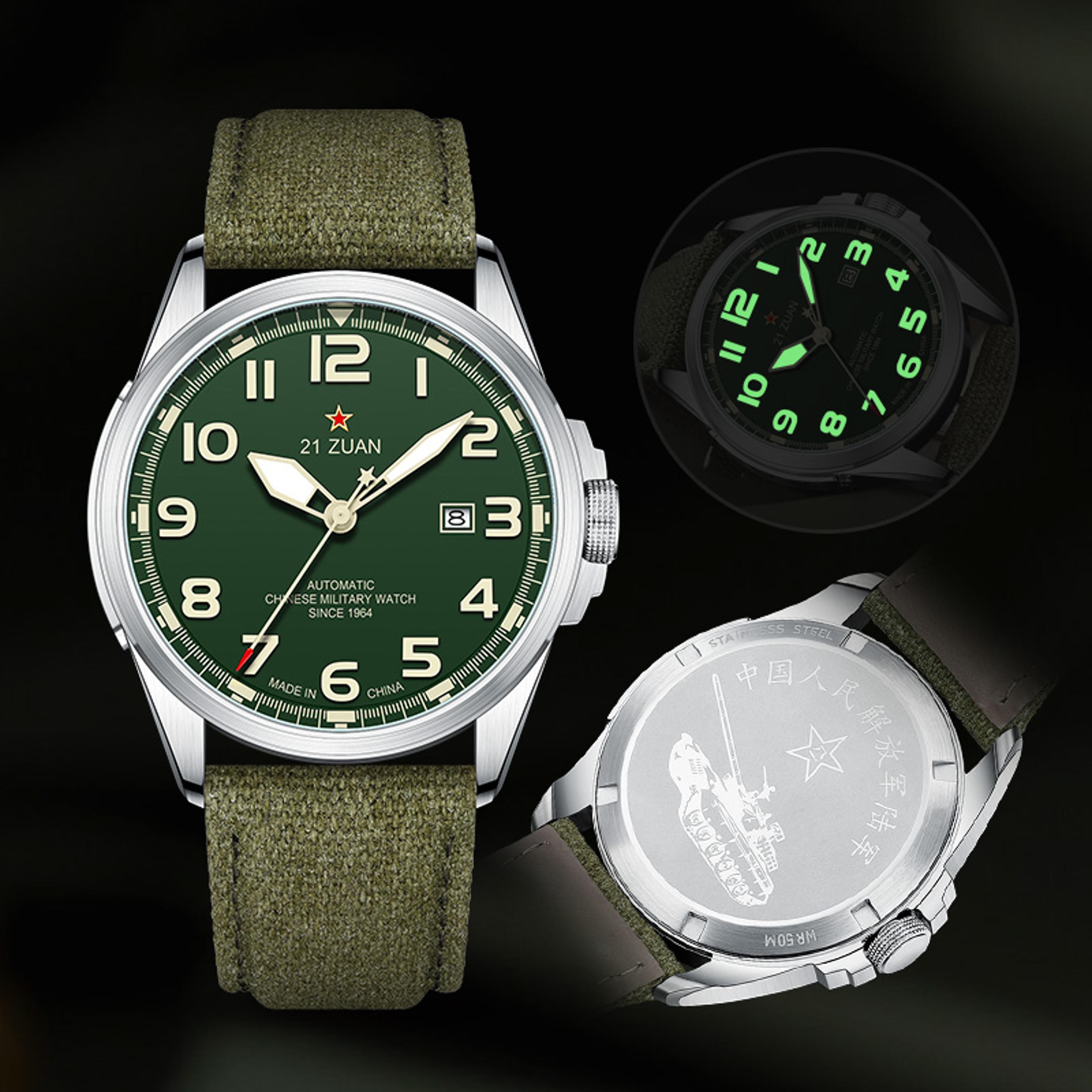 luxury military mens watch automatic mechanical, luminous, wear-resistant leather strap